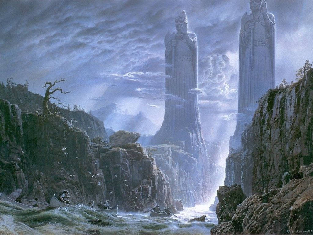A Painting Of Two Towers In The Middle Of A River Background