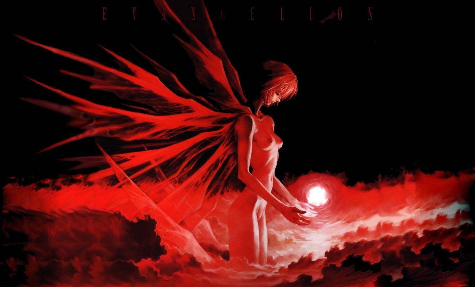 A Red Angel With Wings Standing In The Sky Background