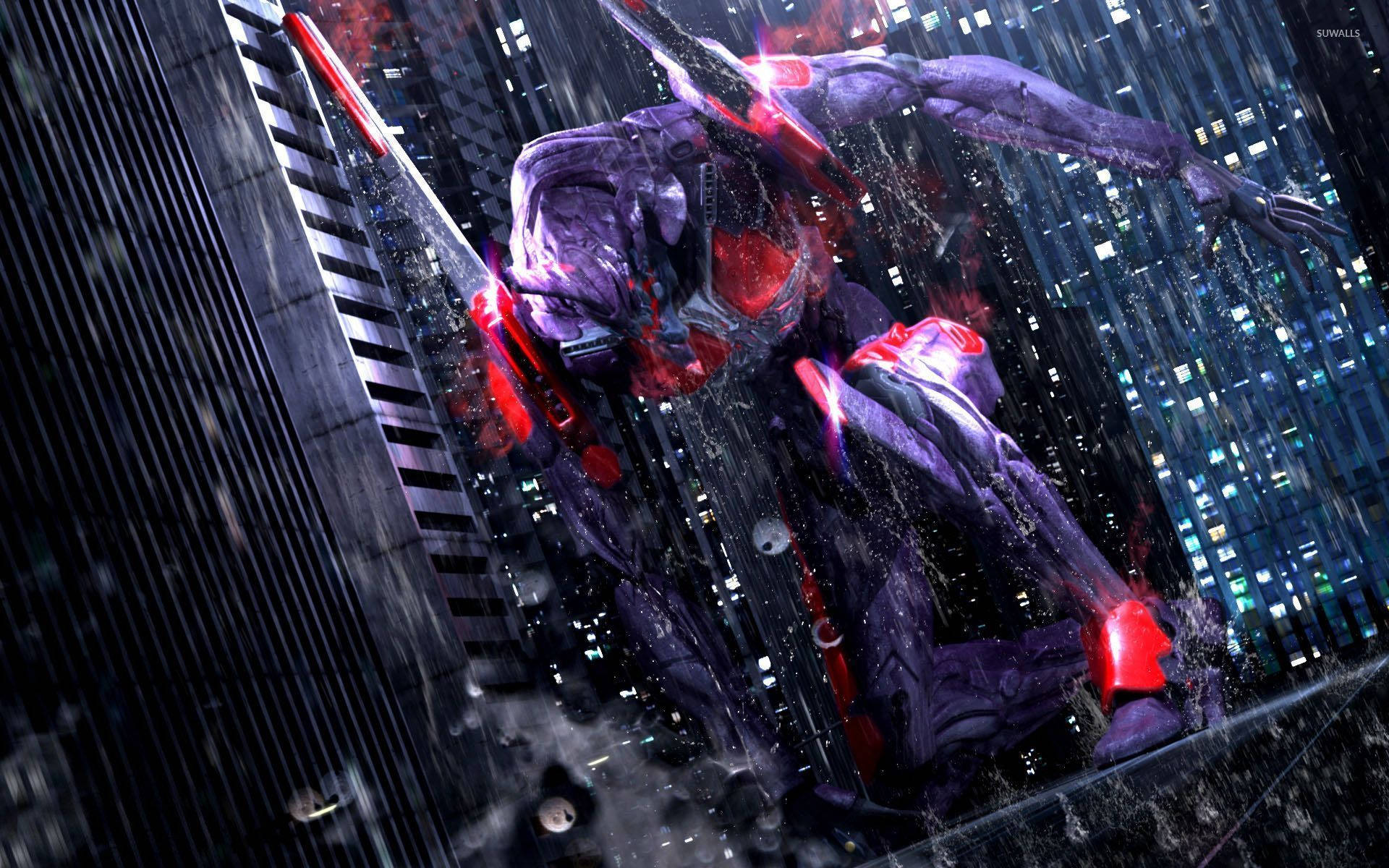 A Robot In The Rain With A Red And Purple Helmet Background