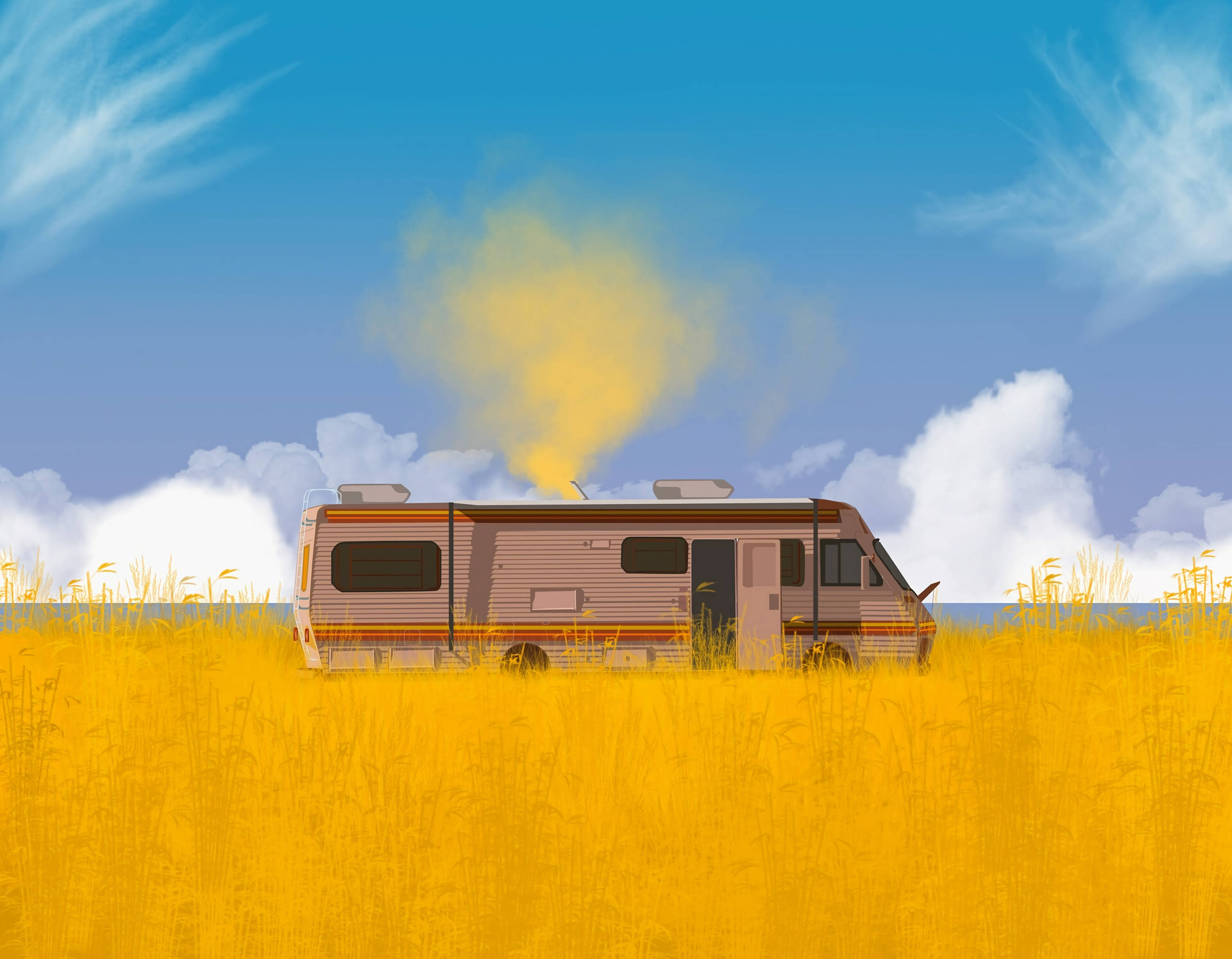 A Rv In A Field With Clouds Background