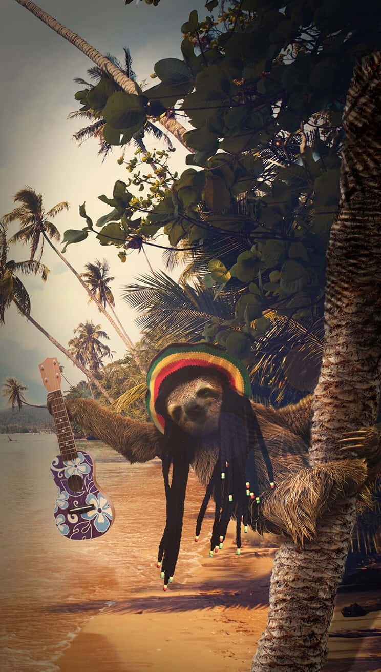 A Sloth Sitting On A Tree With A Guitar Background