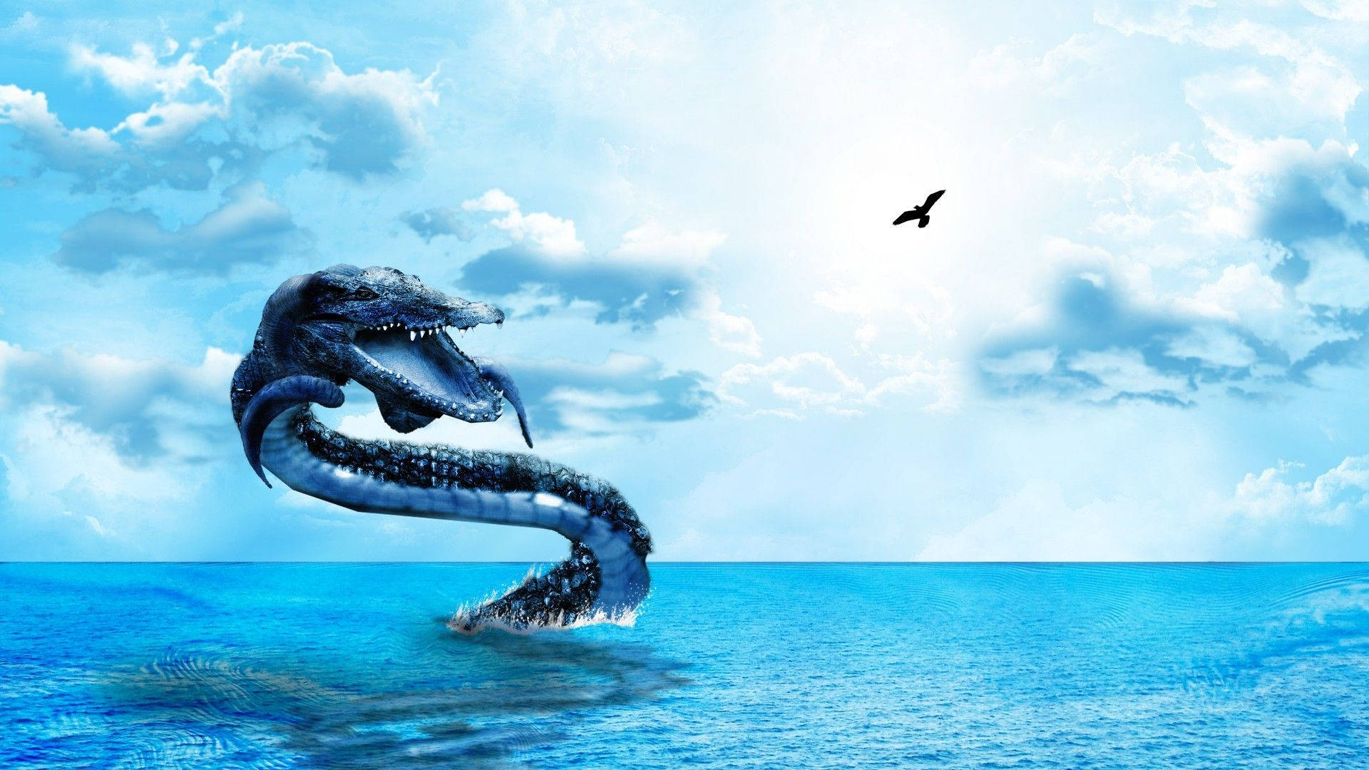 A Snake Is Swimming In The Ocean With A Bird Flying Above It Background