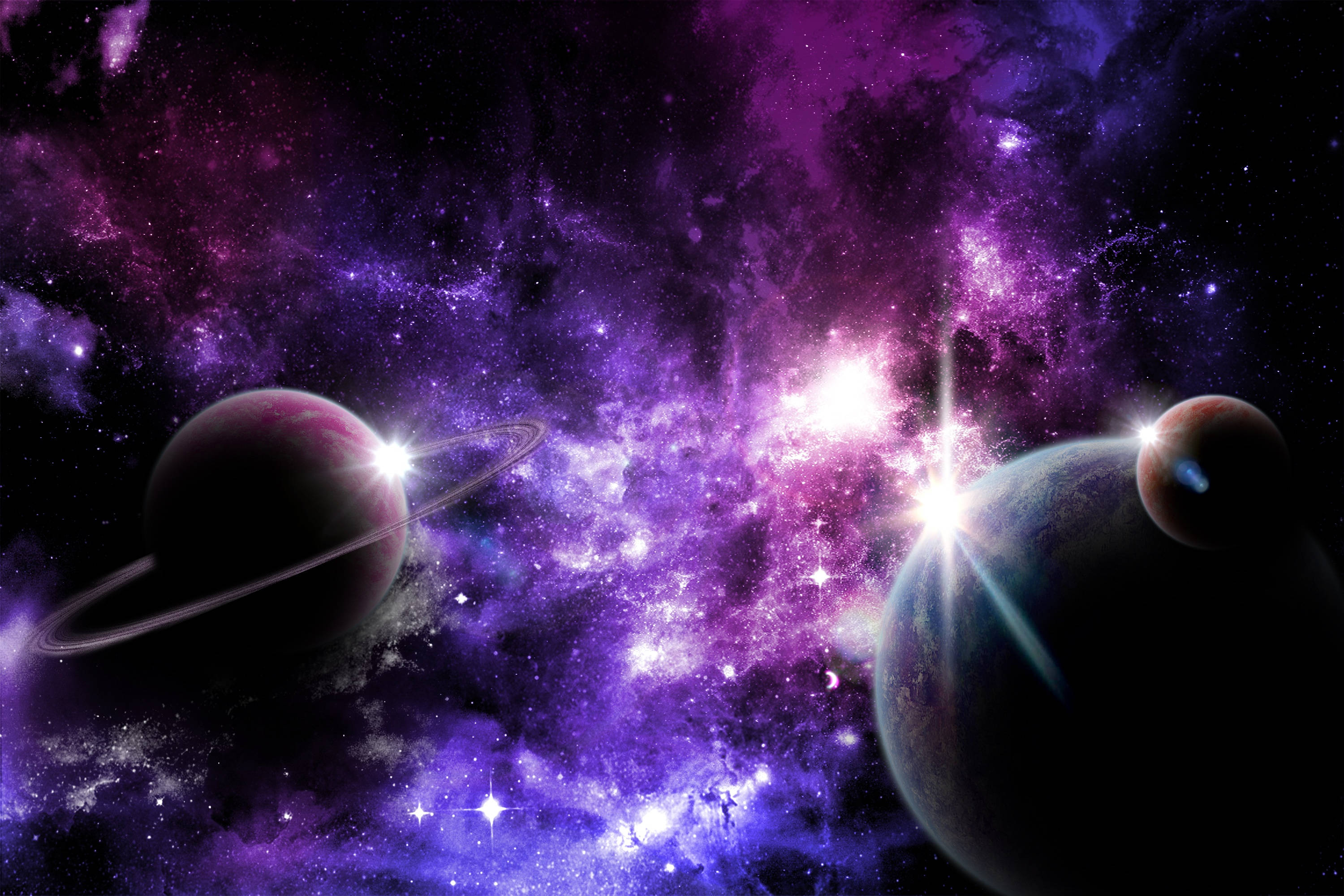 Abstract Planets In Purple Galaxy Space Background