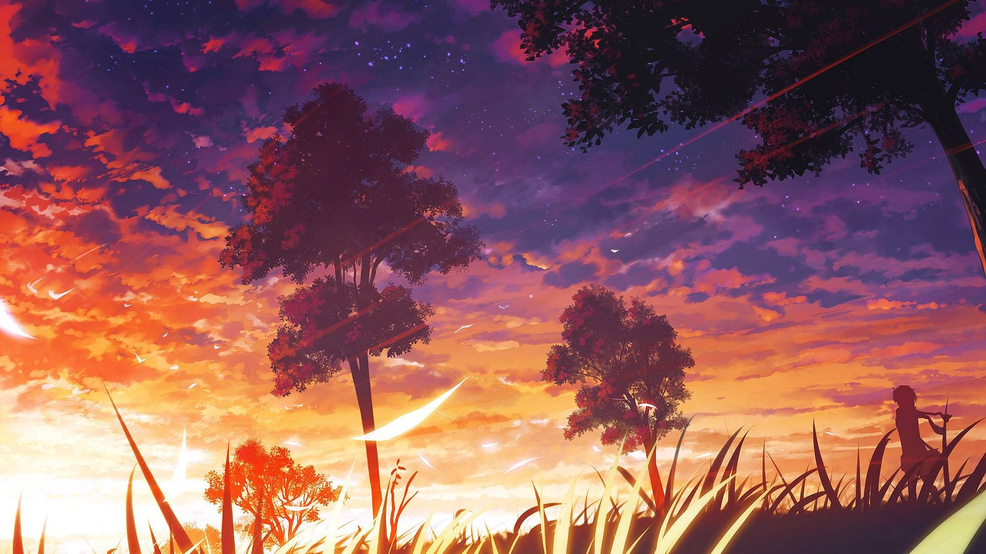 Alluring Sunset Anime Scenery Background