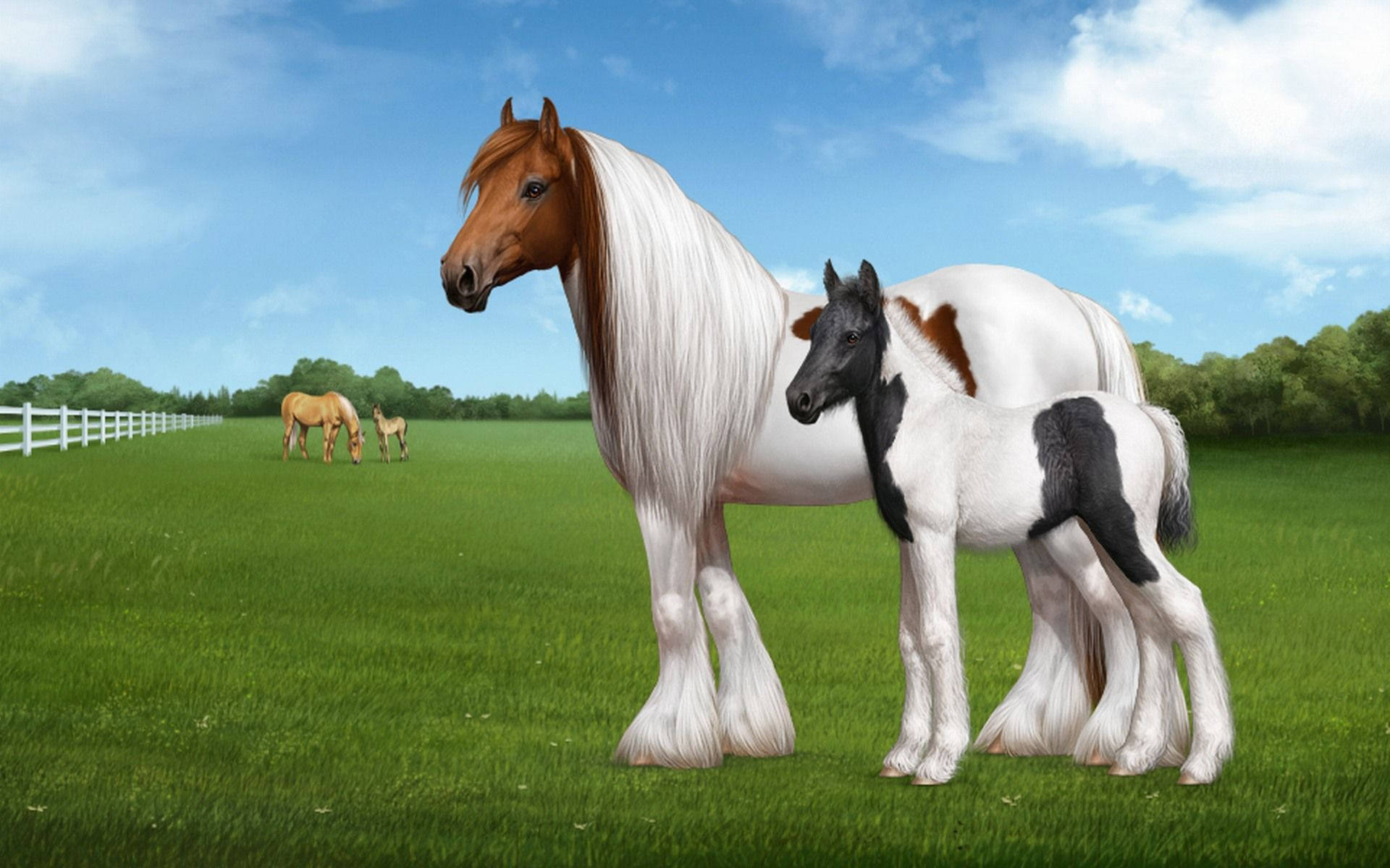 Animated Clydesdale Horses In Pasture Background