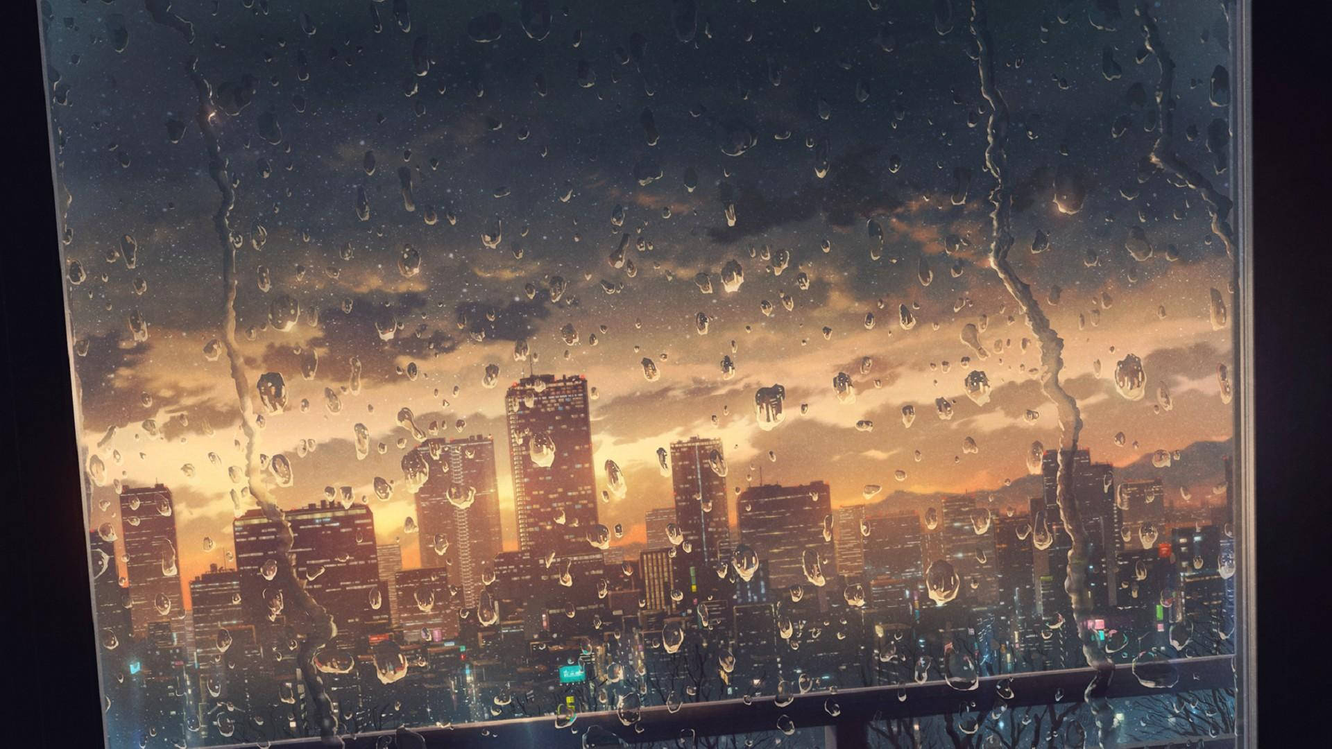 Anime City Raindrops Glass Window Background