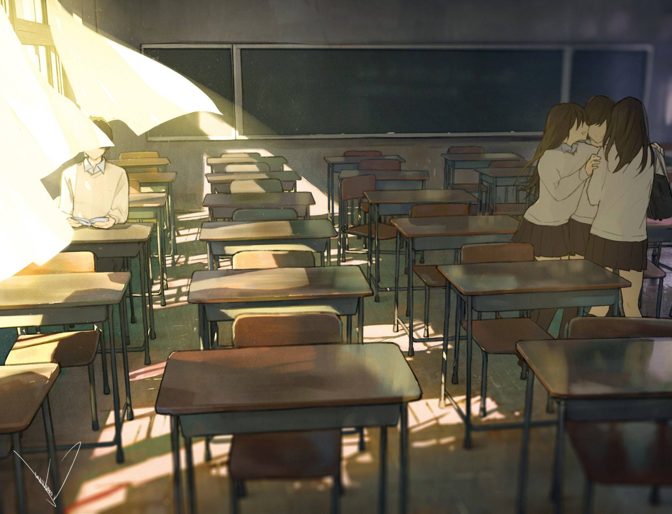 Download Anime School Scenery Students In Dark Classroom Wallpaper |  