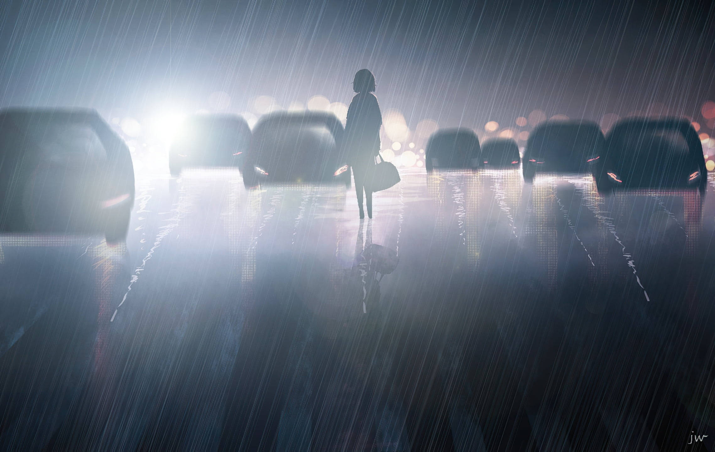 Downloaden Ästhetisches Trauriges Anime Mädchen Rainy Road Wallpaper