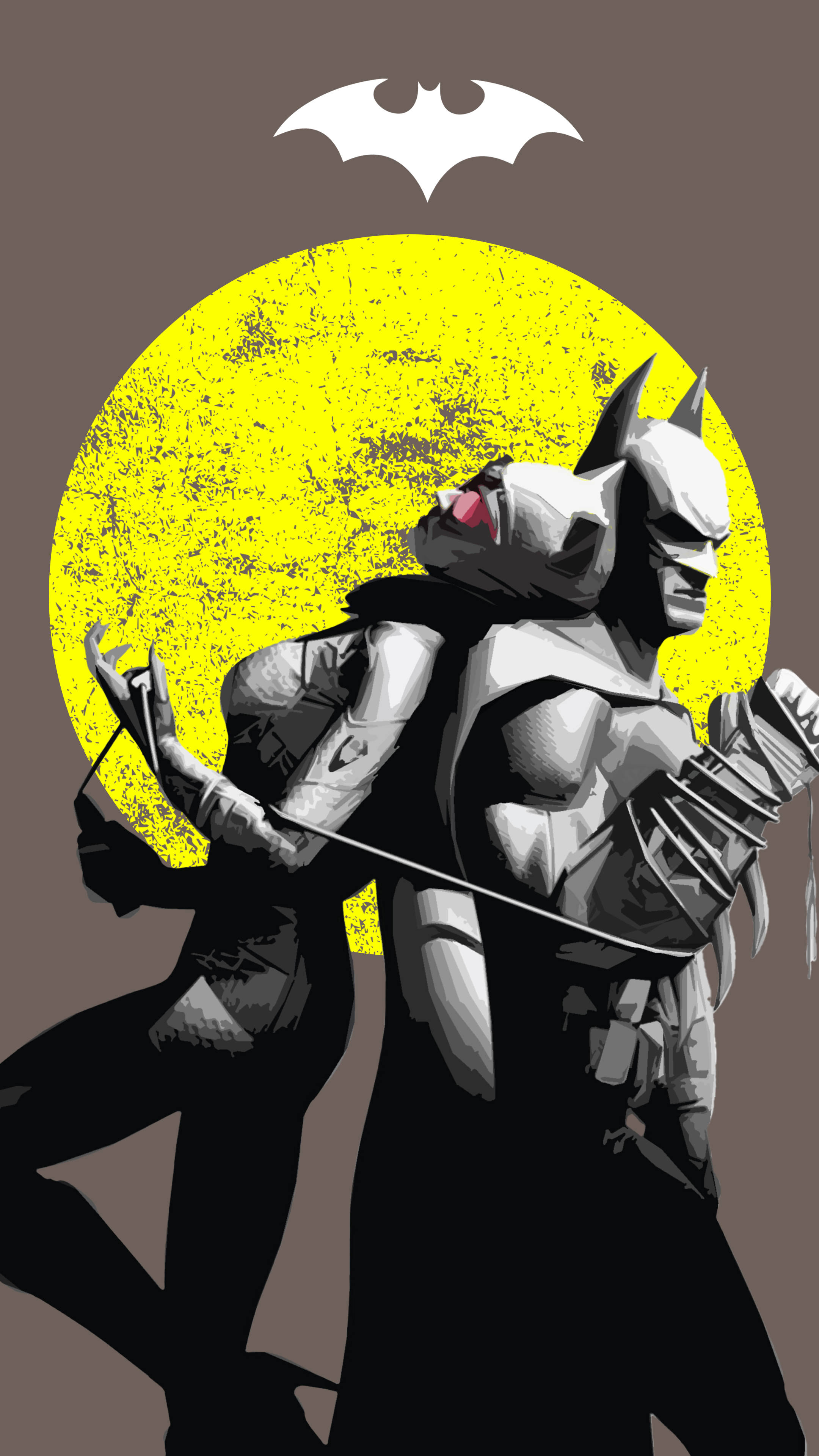 Download Batman Catwoman Gray And Yellow 4k Gotham Phone Wallpaper