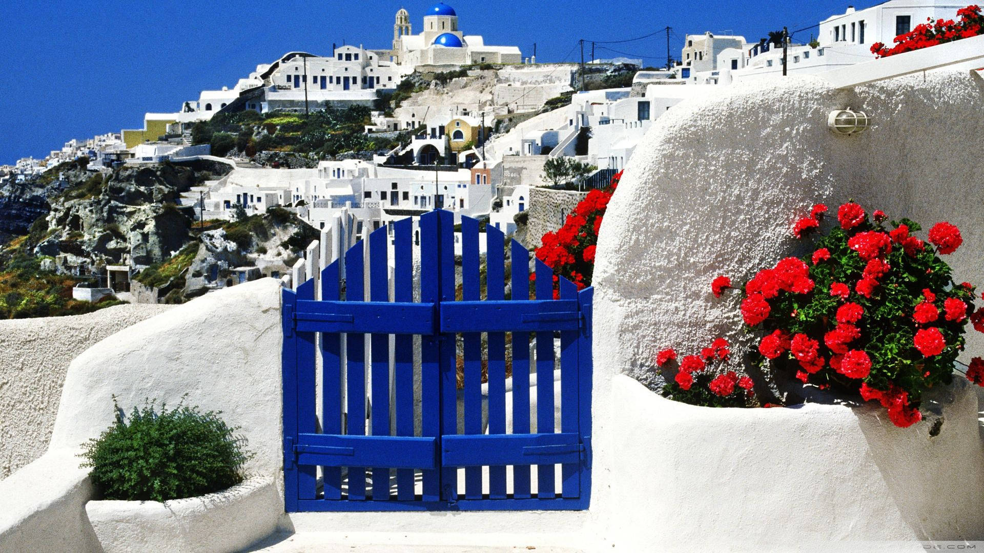 Blue Gate In Santorini Greece Background