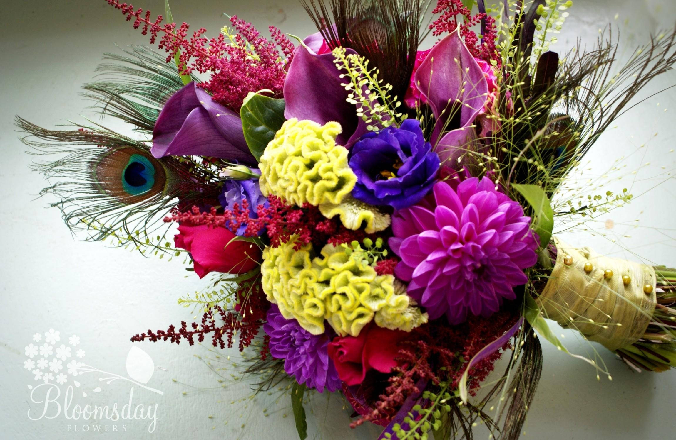 Bridal Bouquet With Peacock Feather Background