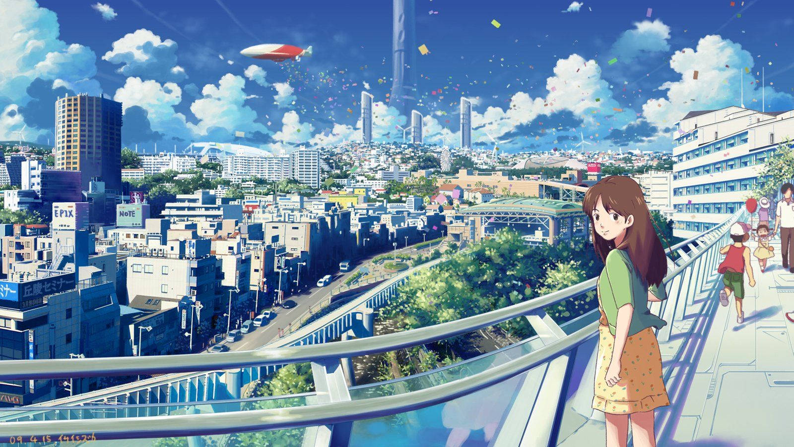 Bright Scenic Anime City Background