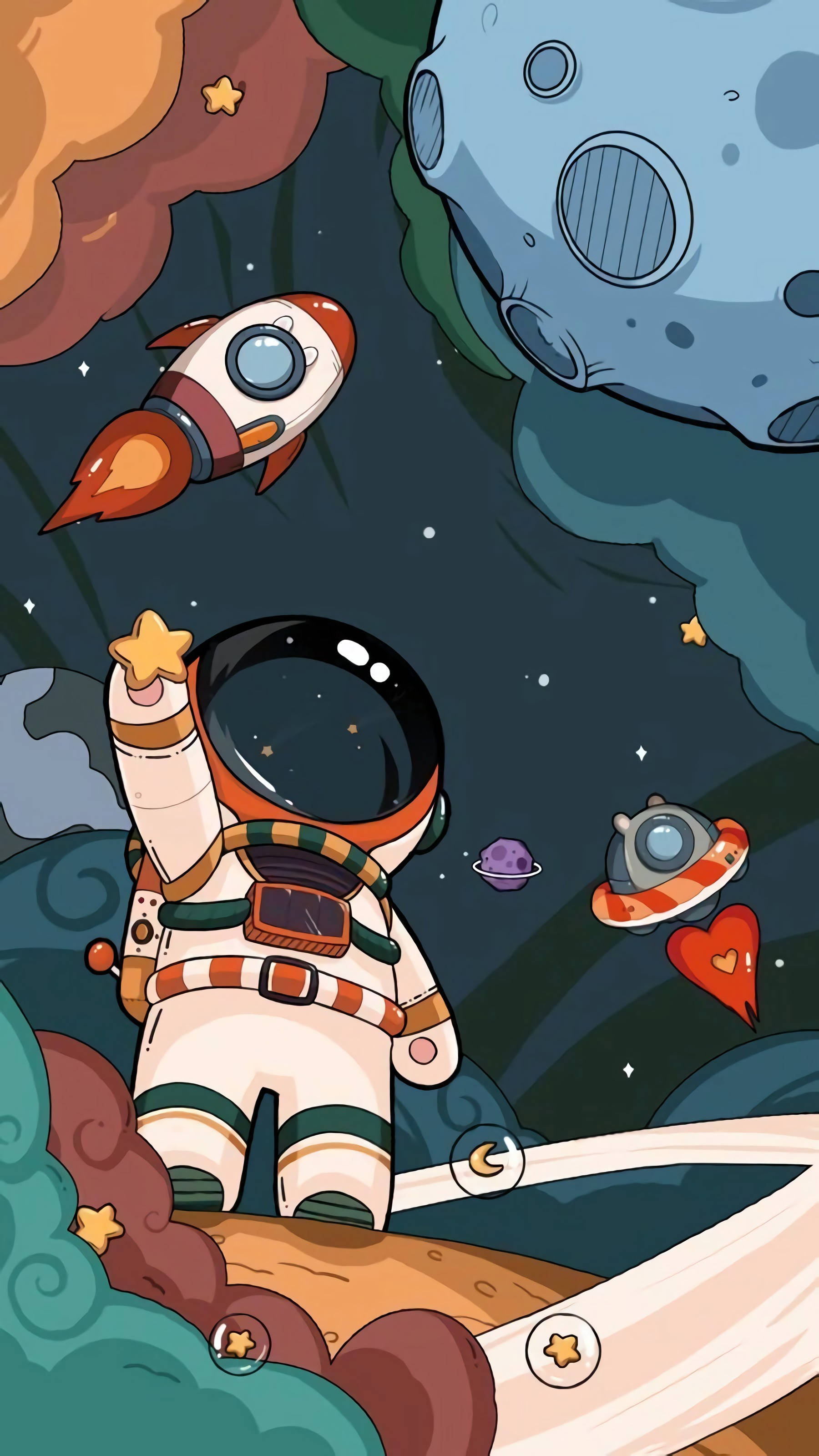Download Cartoon Astronaut Holding Up A Star Wallpaper 
