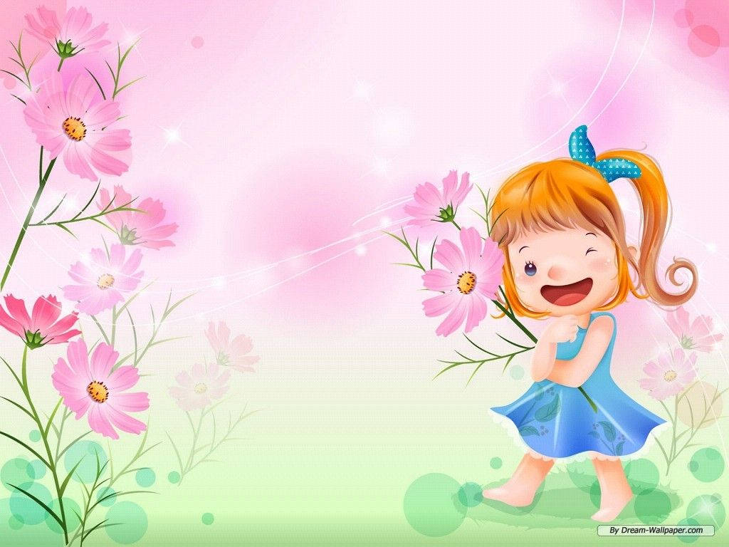 Cartoon Girl With Flowers Background