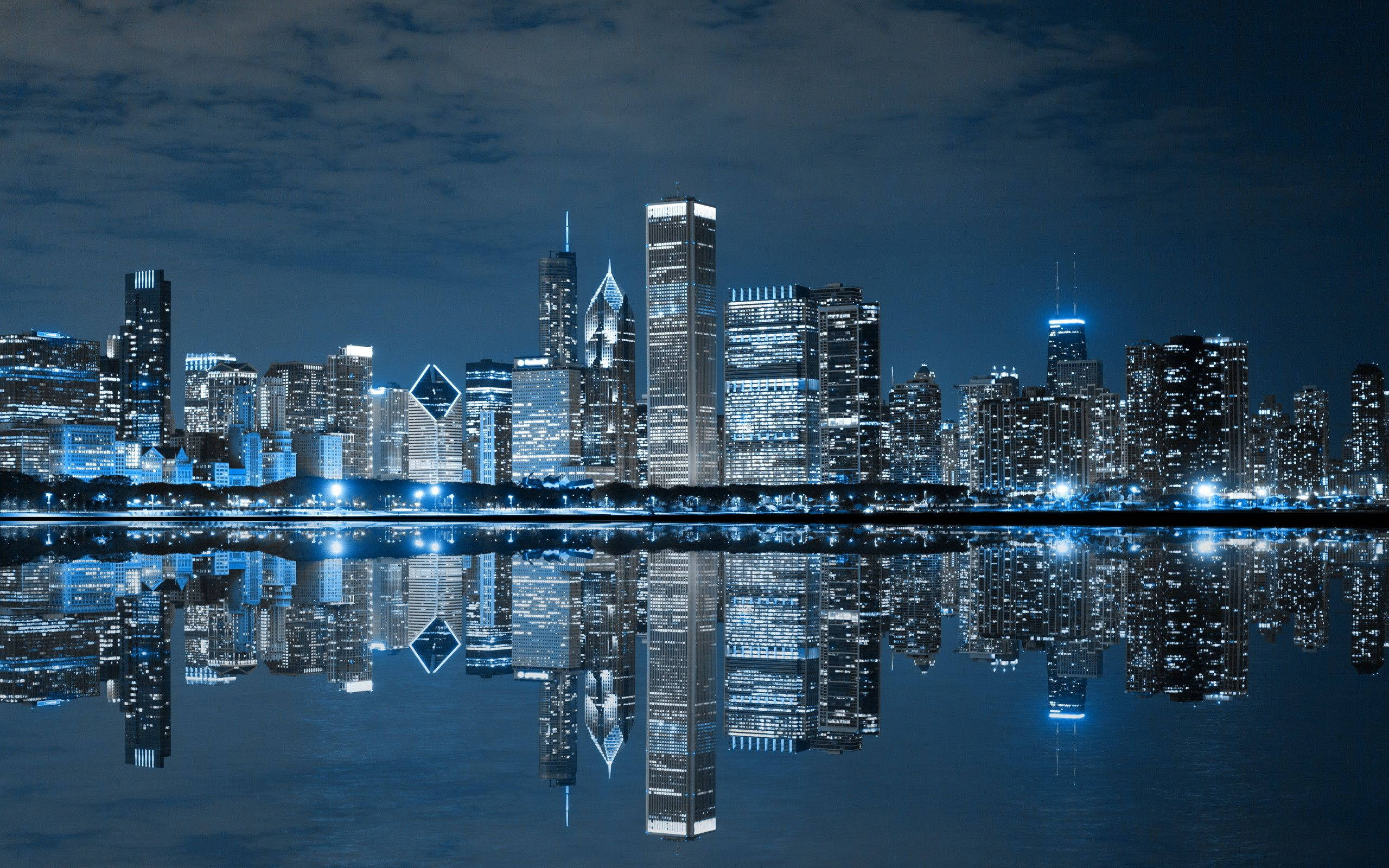 Chicago Skyline In Blue Lights Background