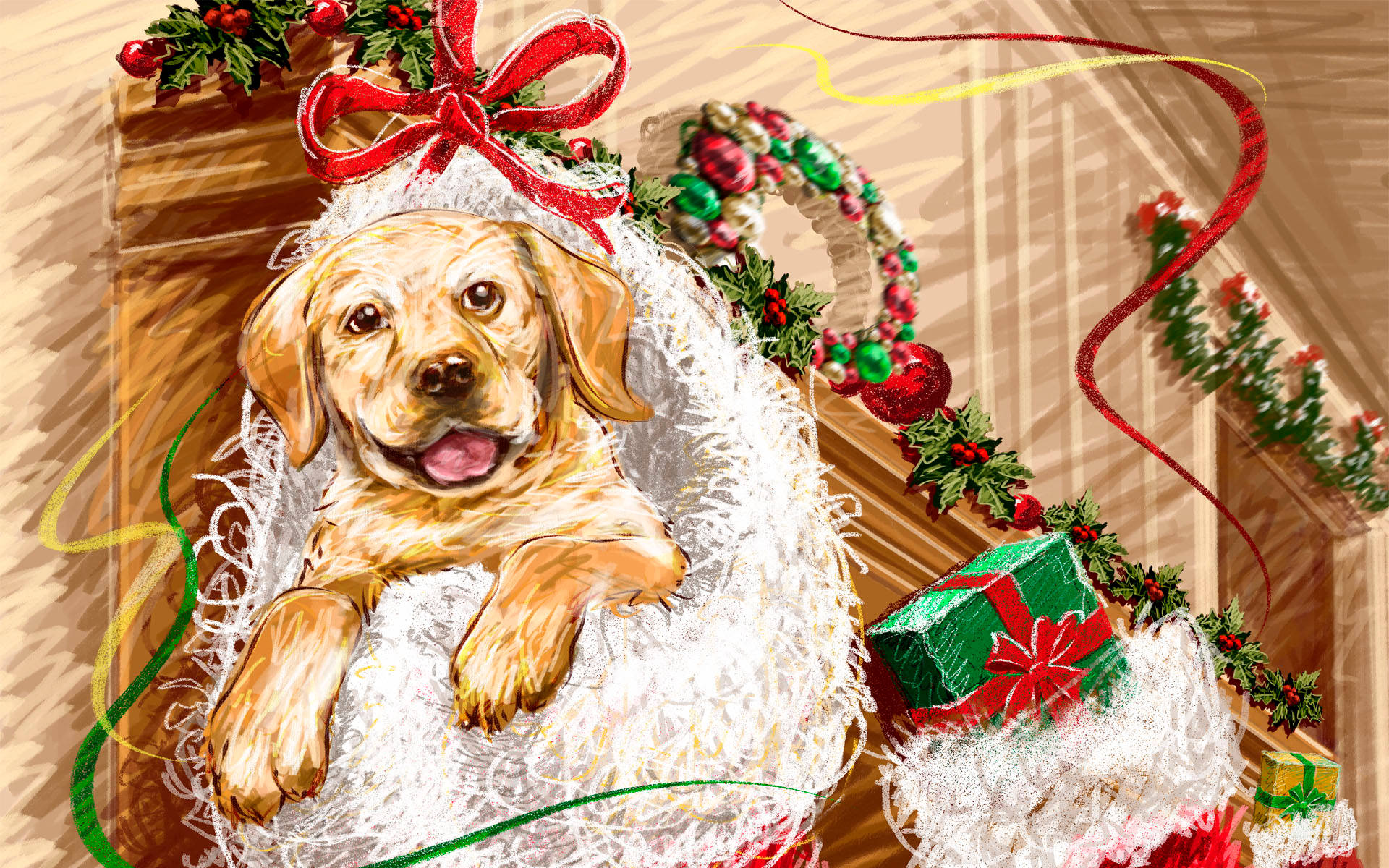 Download Christmas Dog Art Drawing Wallpaper