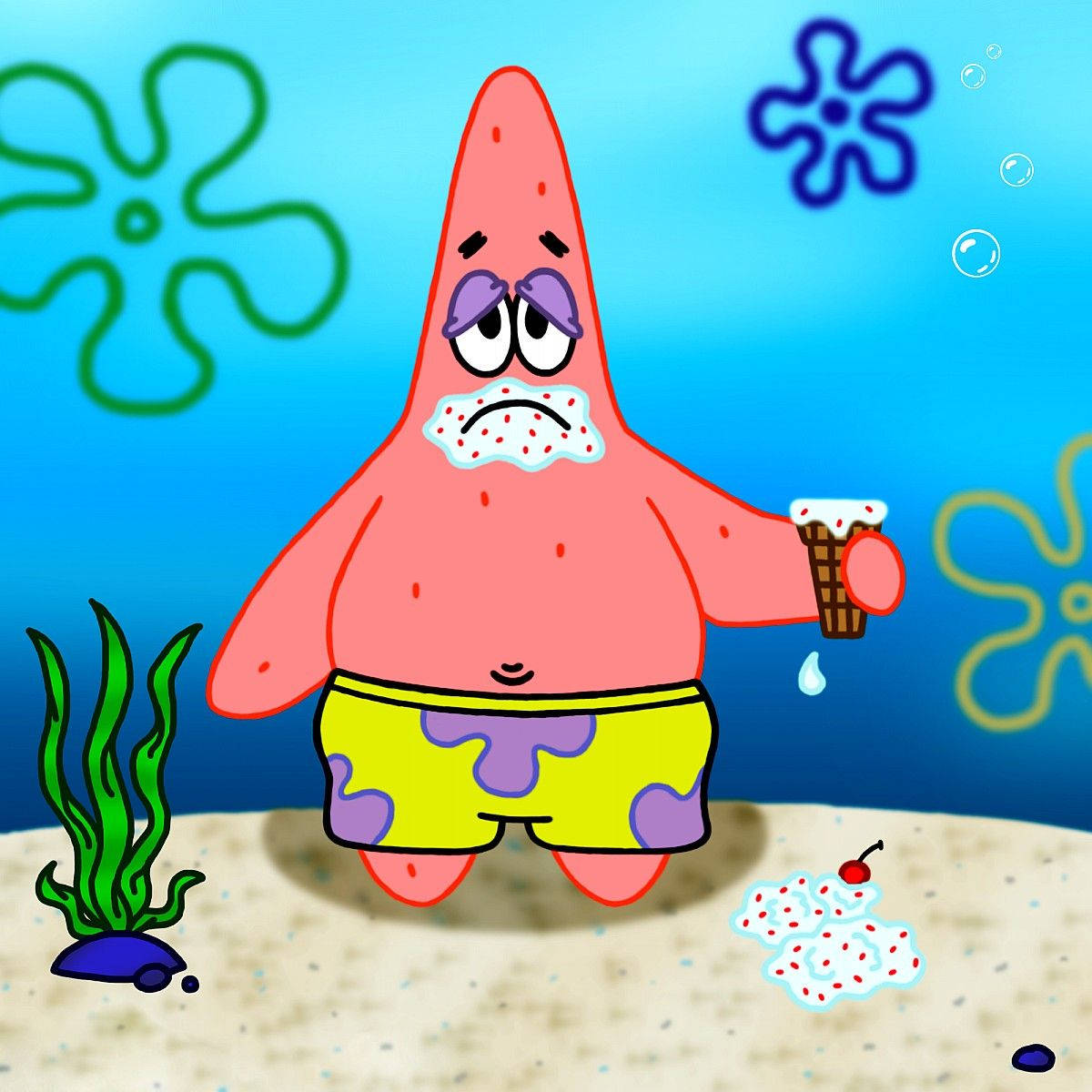 Clumsy Patrick Star With Ice Cream Background