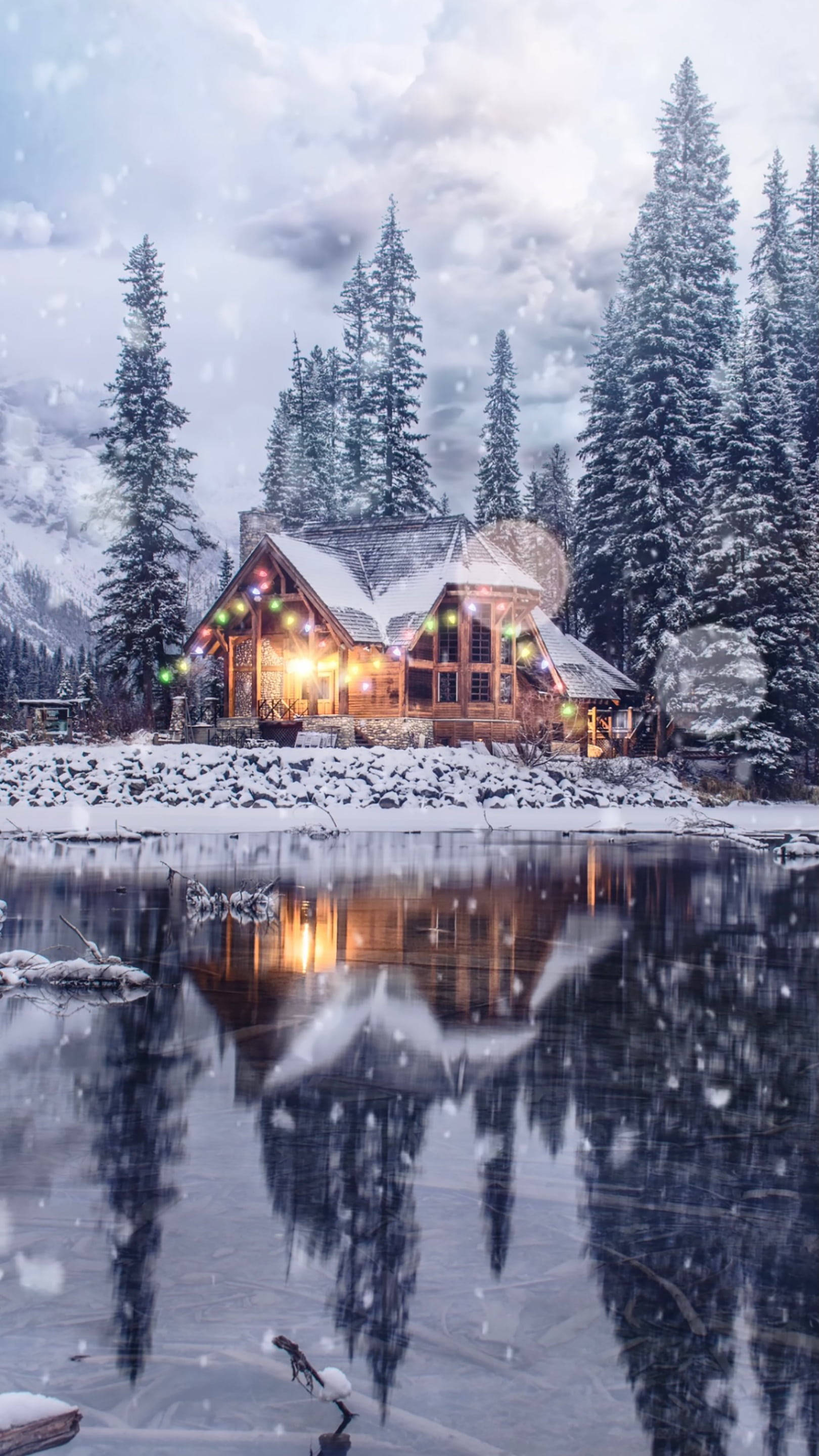 Download Cozy Winter Cabin By The Lake Wallpaper 