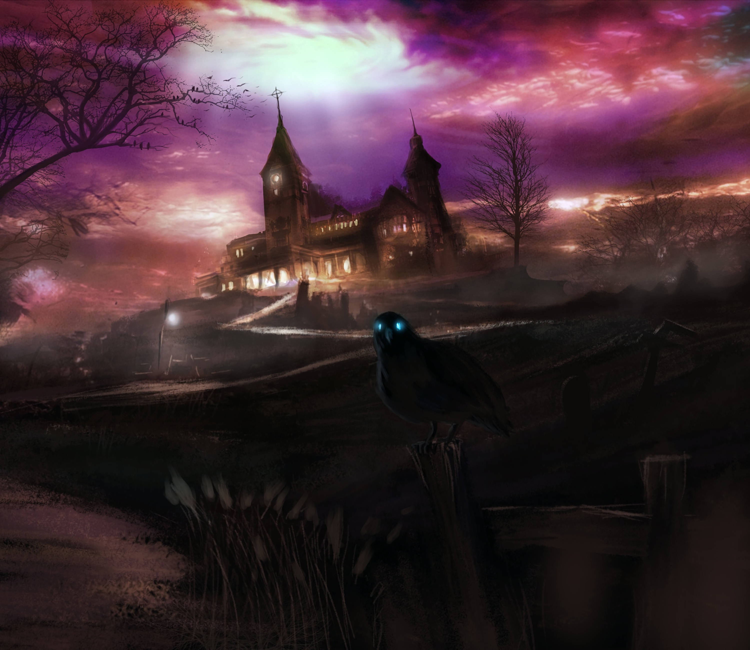 Creepy Purple Hill House Background