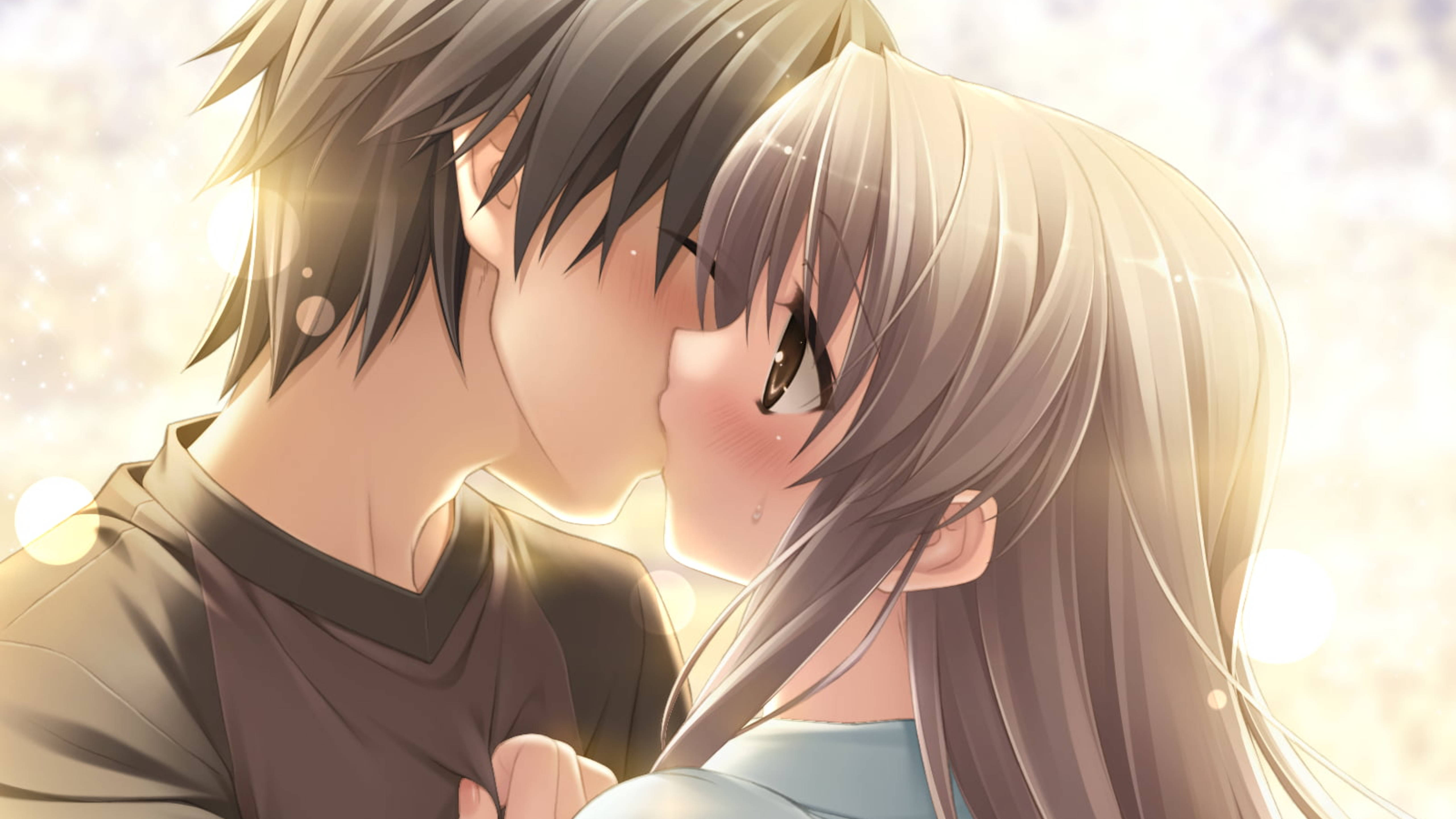Download Cute Anime Couple Kiss In Soft Lighting Wallpaper 