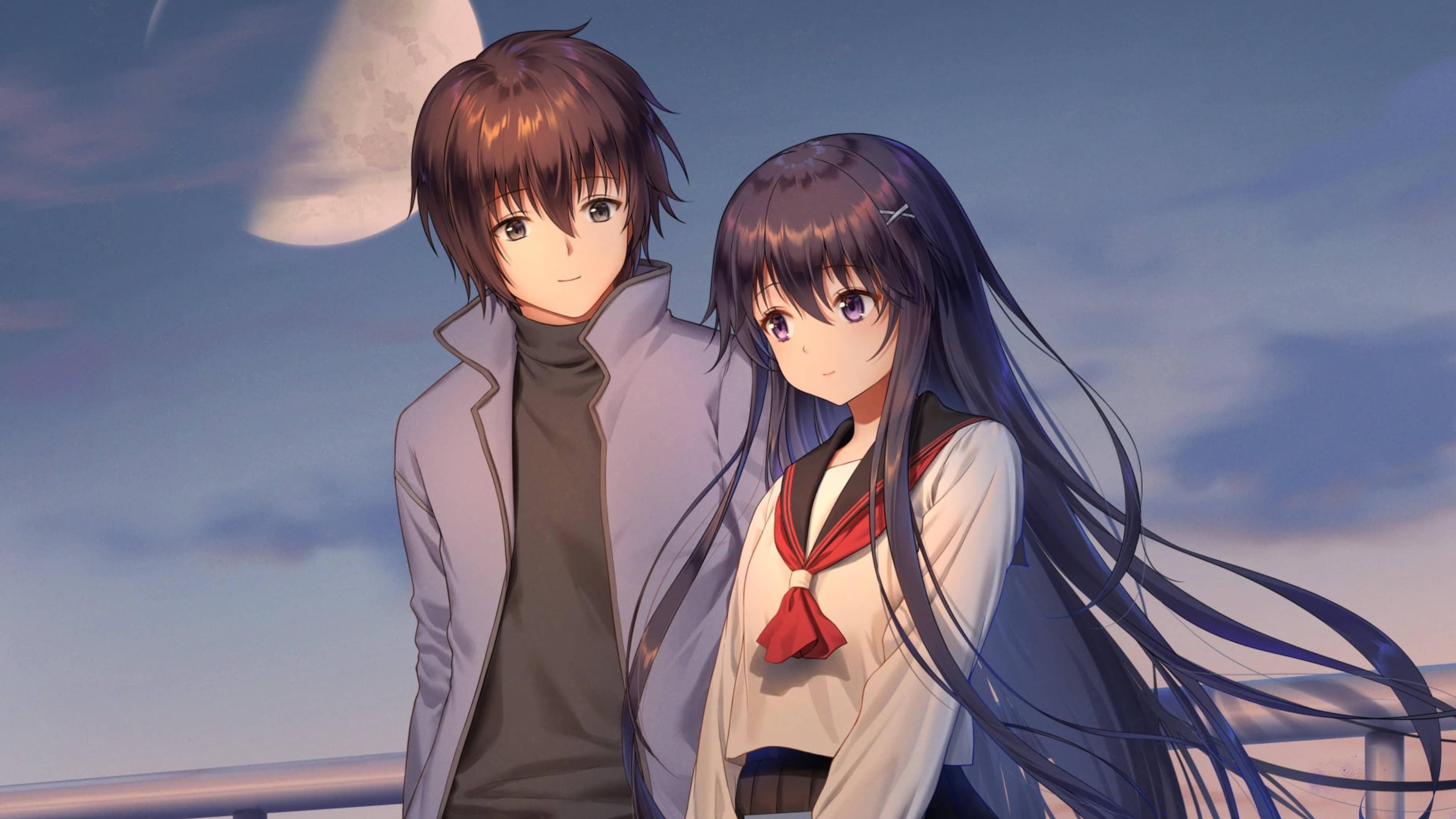 Download Cute Anime Couple Under Moon Wallpaper 