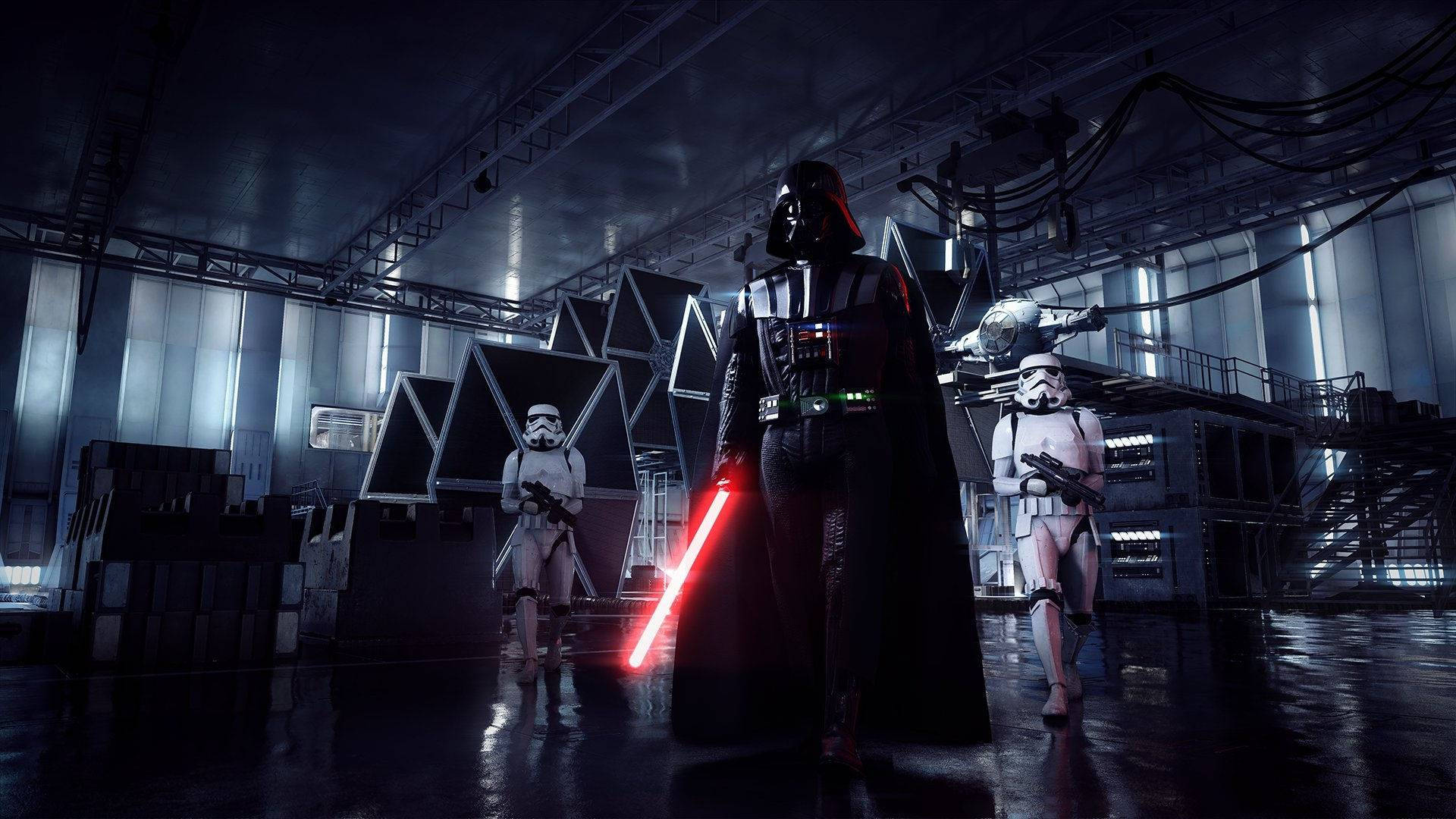 Darth Vader Walking With Stormtroopers Background