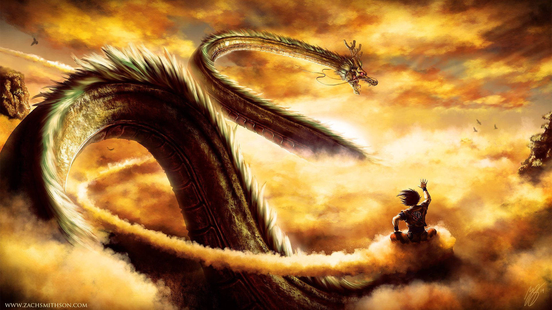 Dbz Goku And Shenron Flaming Sky Background
