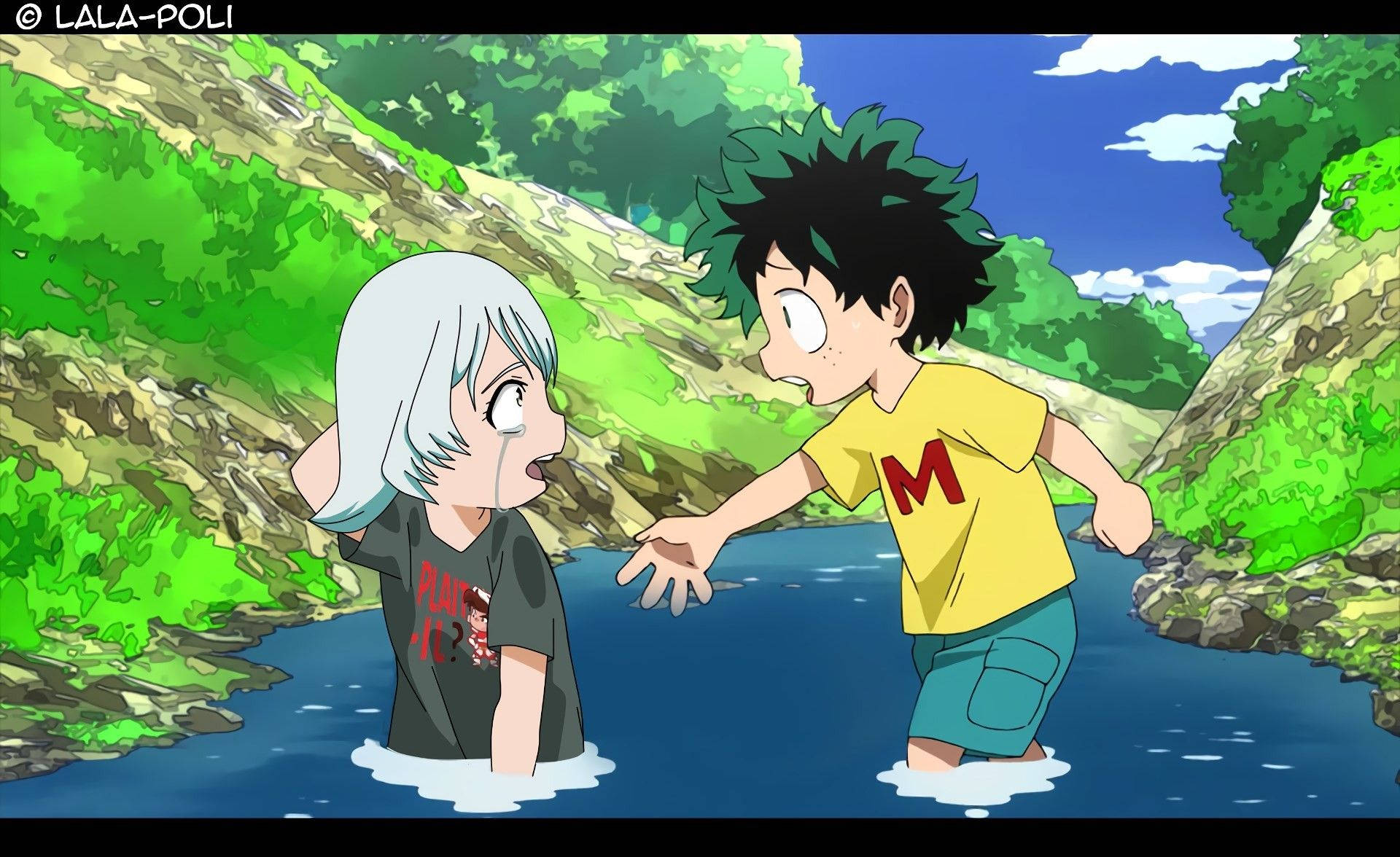 Deku And Bakugo In The River Background