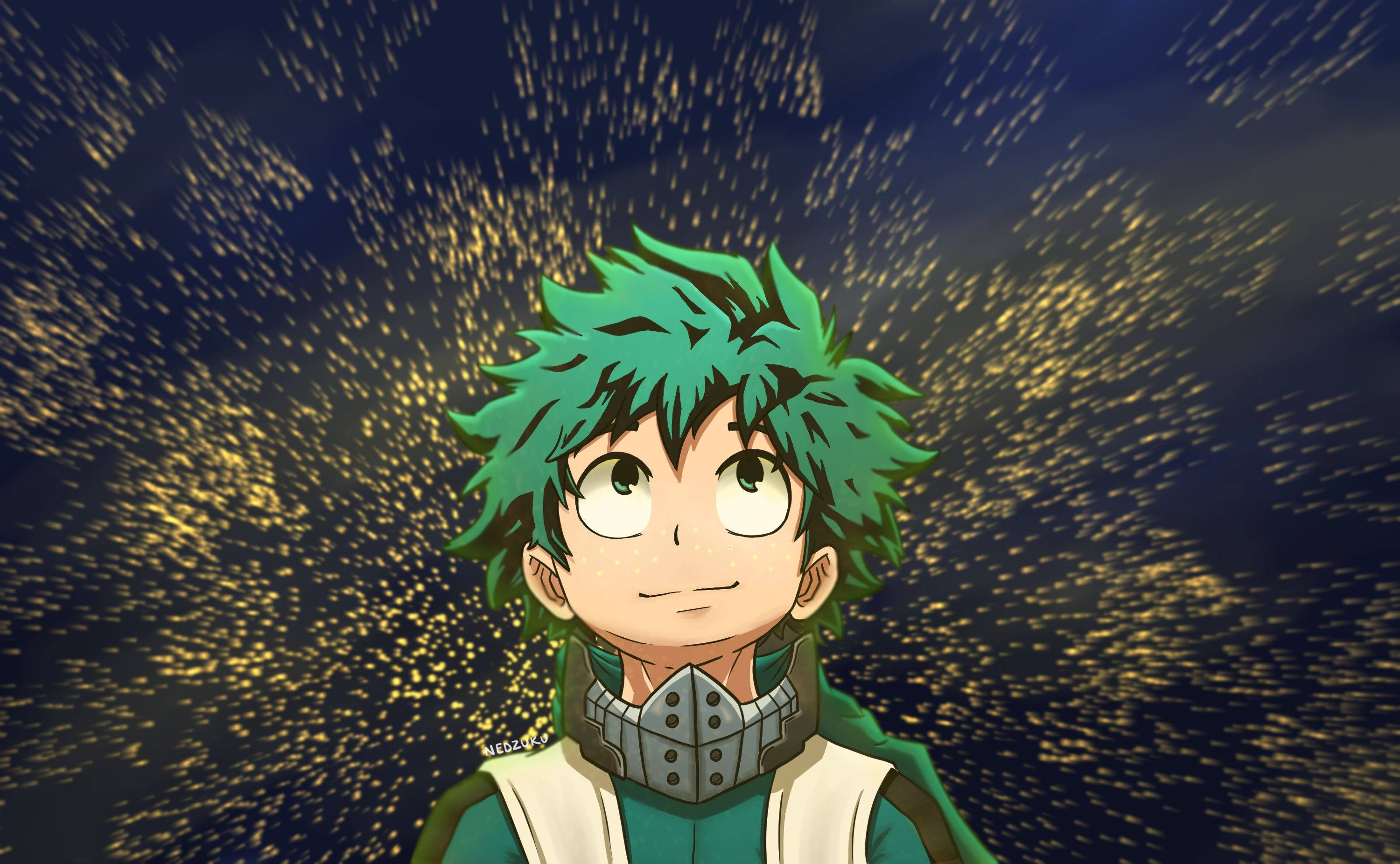 Deku Looking At Yellow Sparkles Background