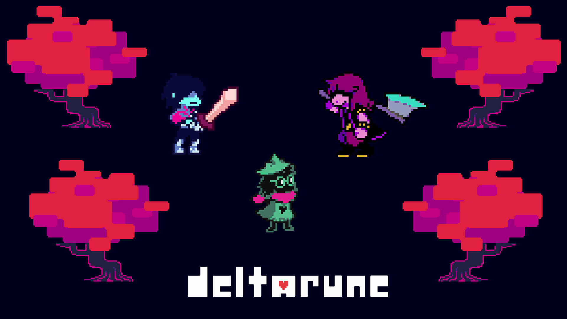 Deltarune Characters Red Pixel Trees Background