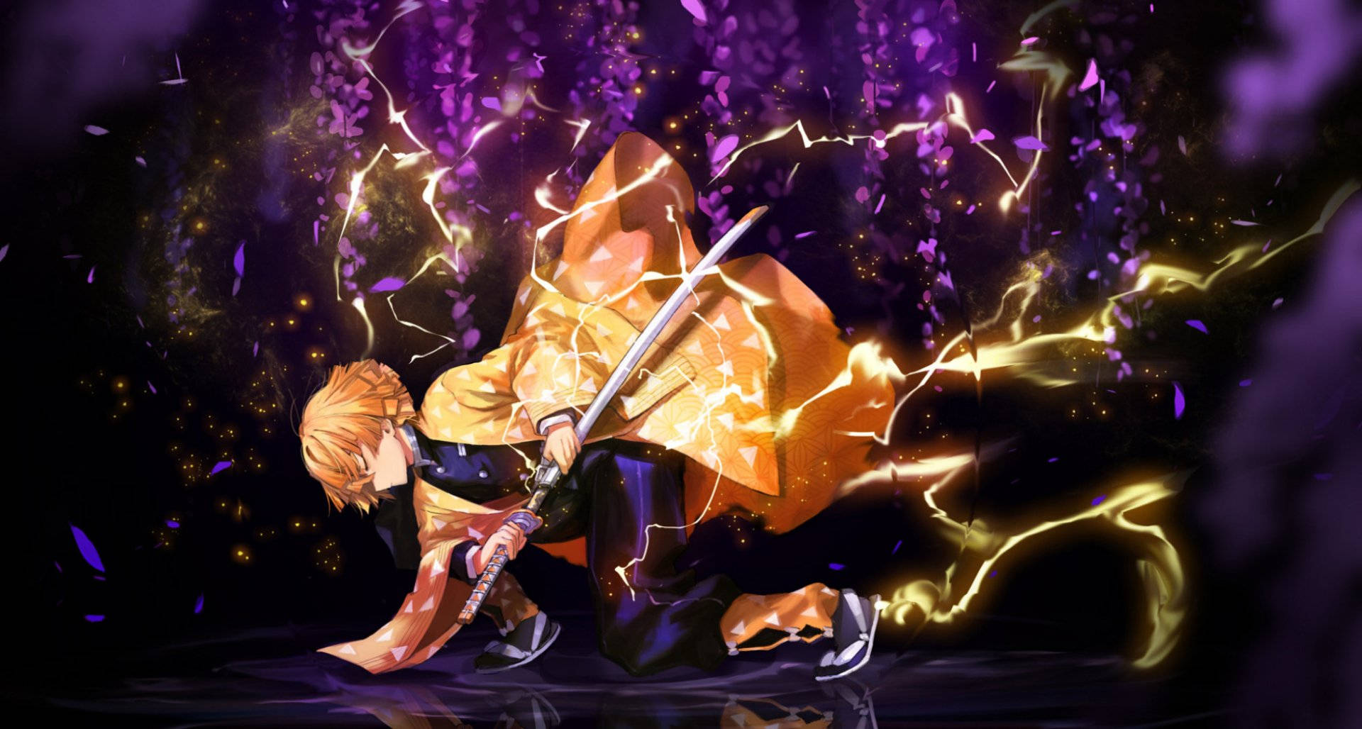 Demon Slayer Zenitsu Lightning In Purple Art Background