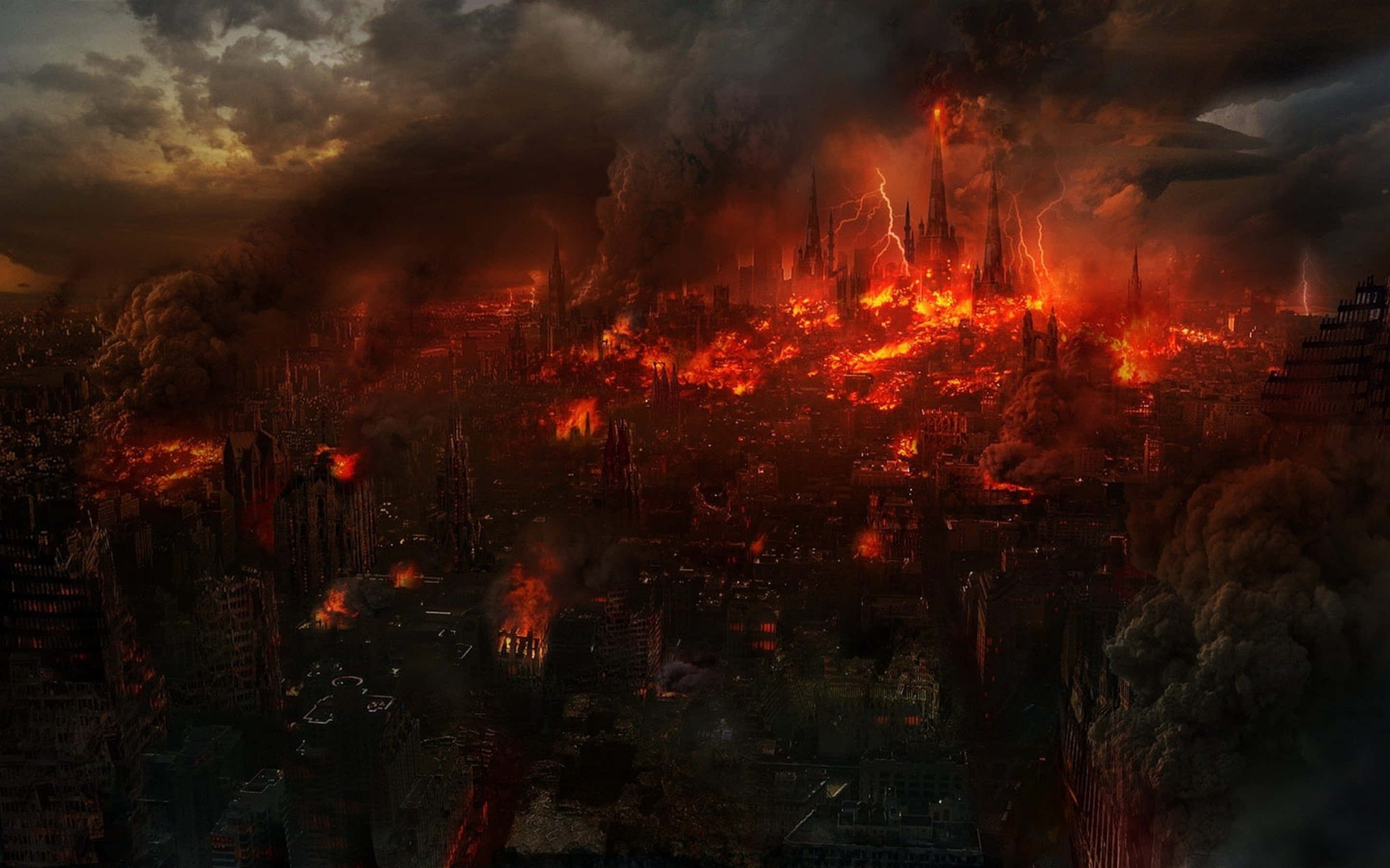 Битва конца света. Пейзаж ада. Горящий город. Огненный апокалипсис. Адский фон.