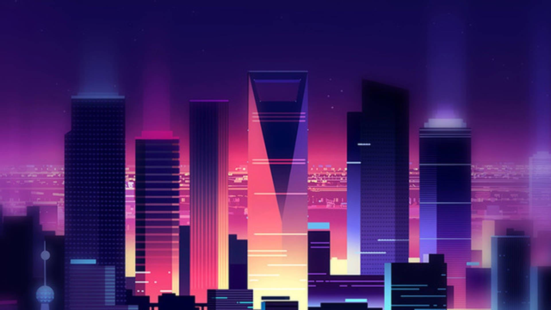 Digital City Skyline In Purple Aesthetic Background