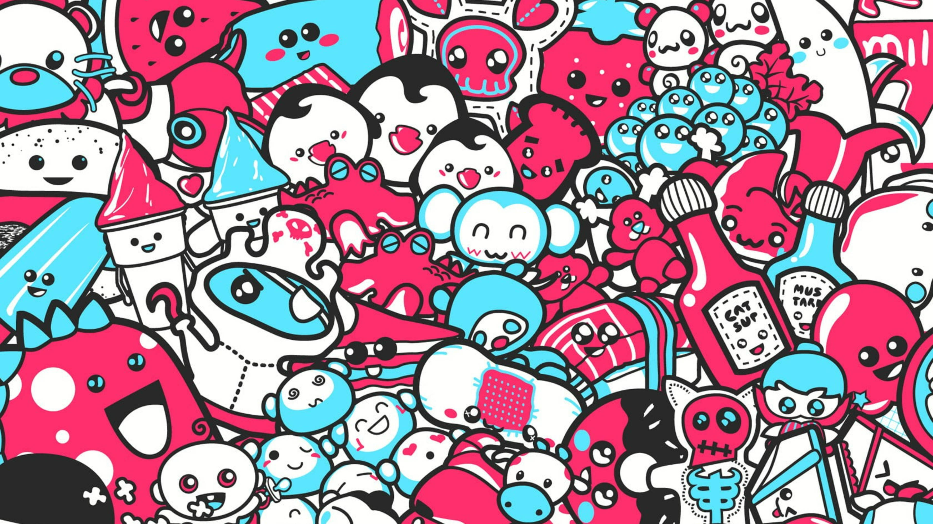 Download Doodle Pink And Blue Cartoon Wallpaper 