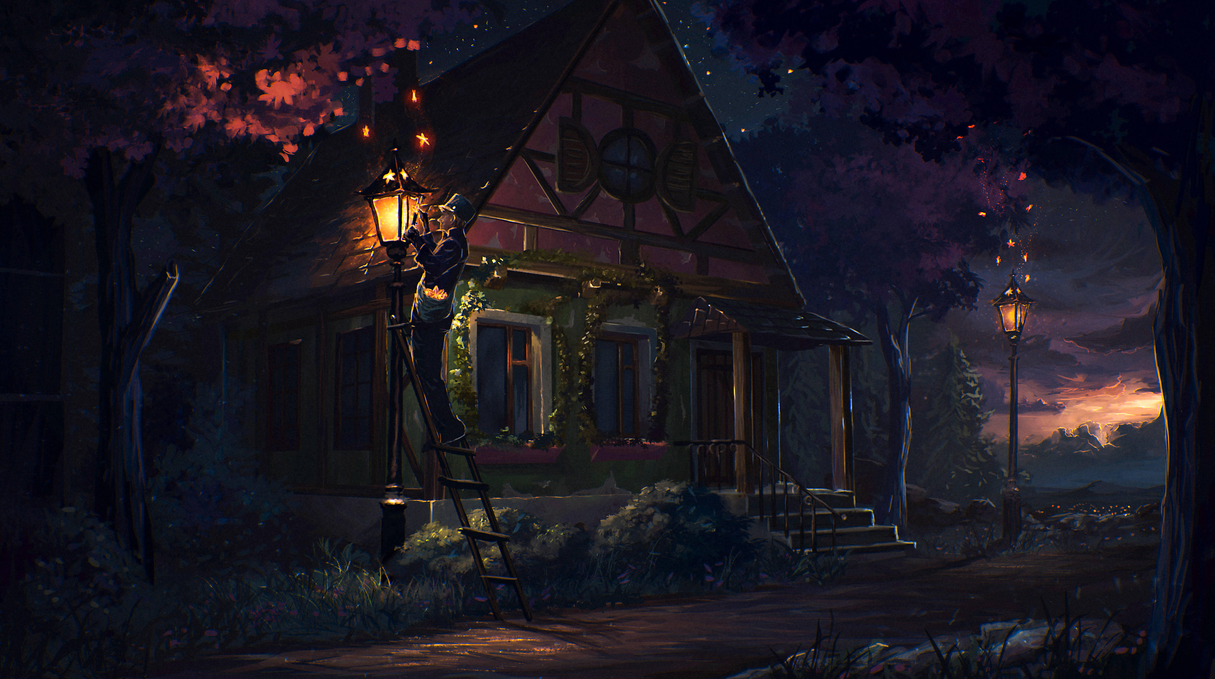 Fairy House At Night Background