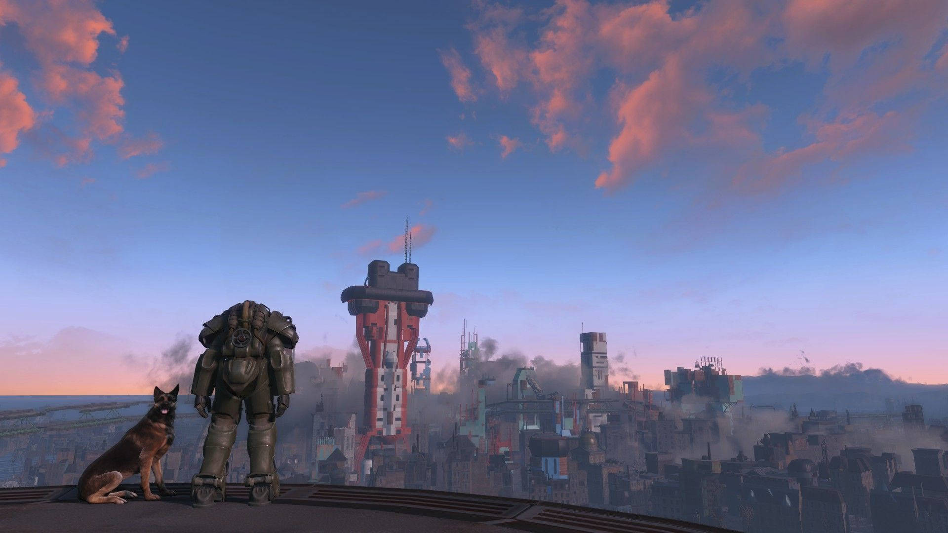 Fallout 4 Man With Dog On Rooftop Background