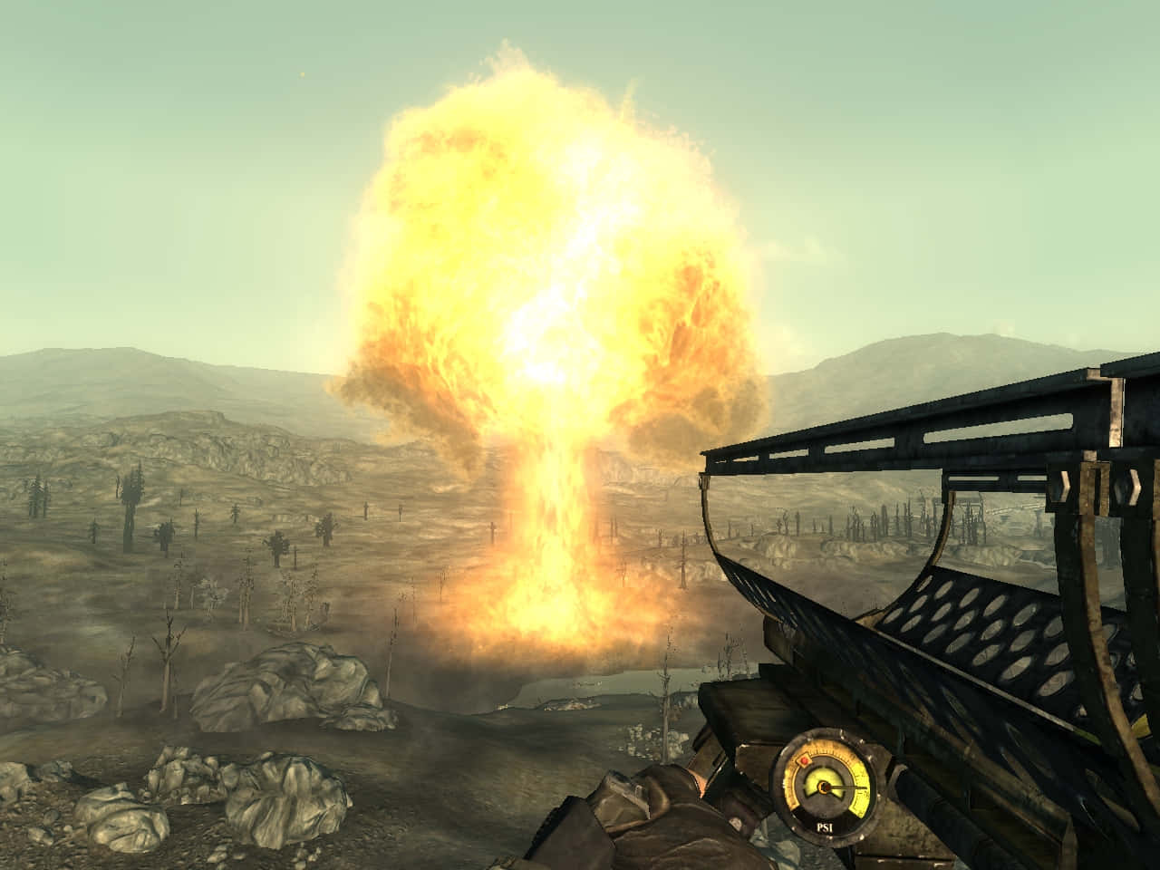Взрыв в вегасе. Ядерная пушка фоллаут. Фоллаут Толстяк оружие. Fallout 3 взрыв. Fallout New Vegas взрыв.