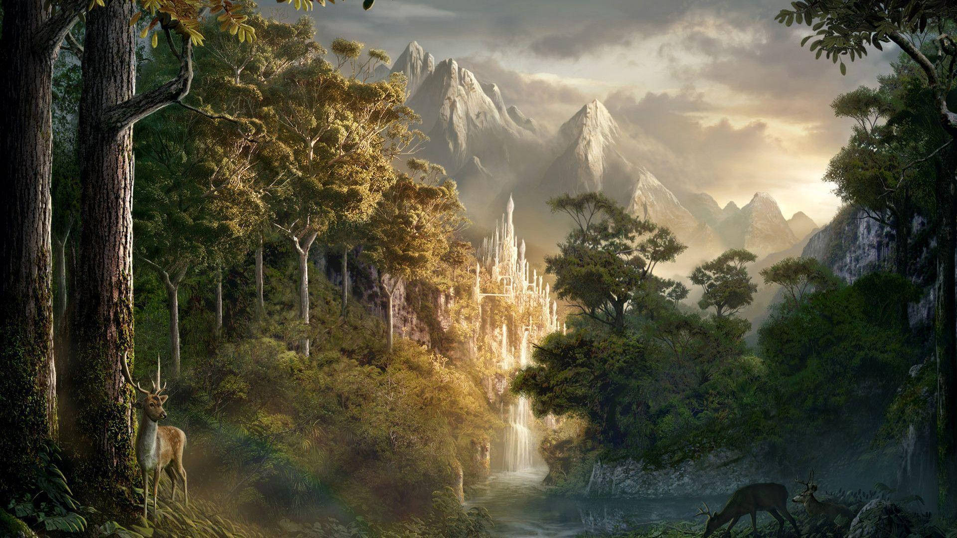 Fantasy City In Mountains Background
