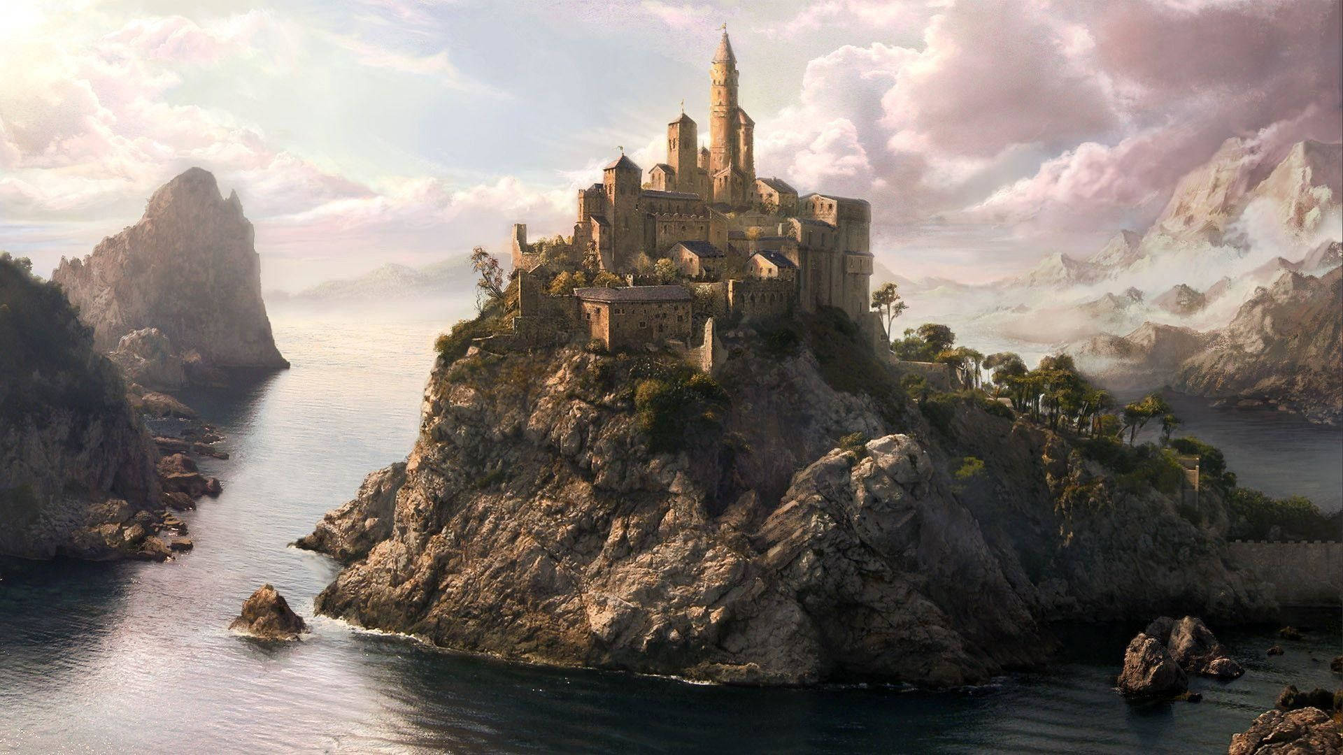 Fantasy Fortress On Island Background