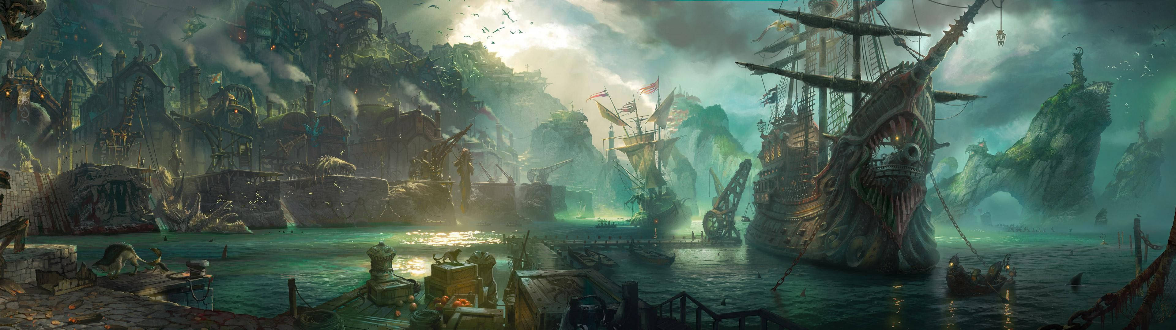 Fantasy Ship Art Dual Monitor Background