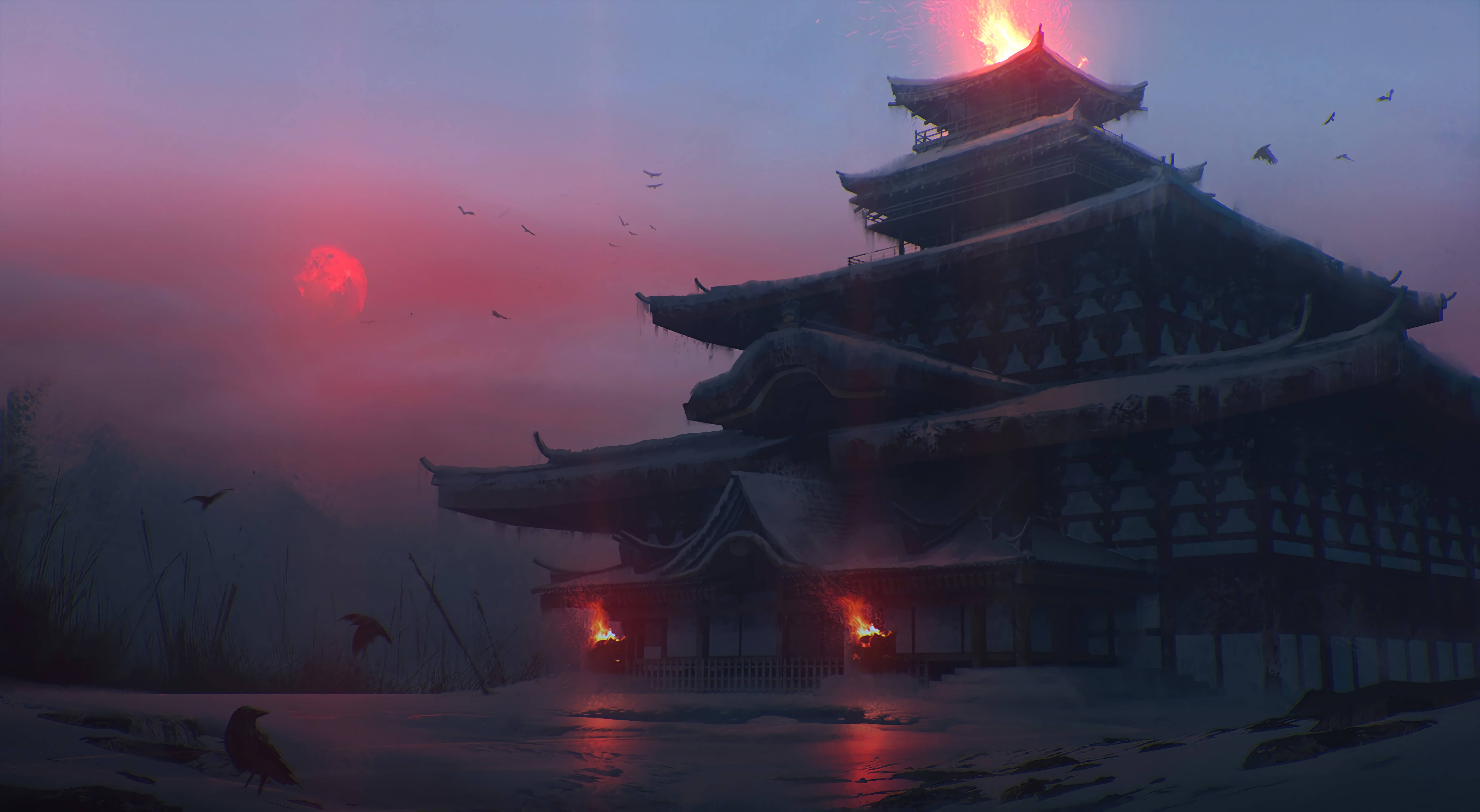 Fiery Japanese Temple Background