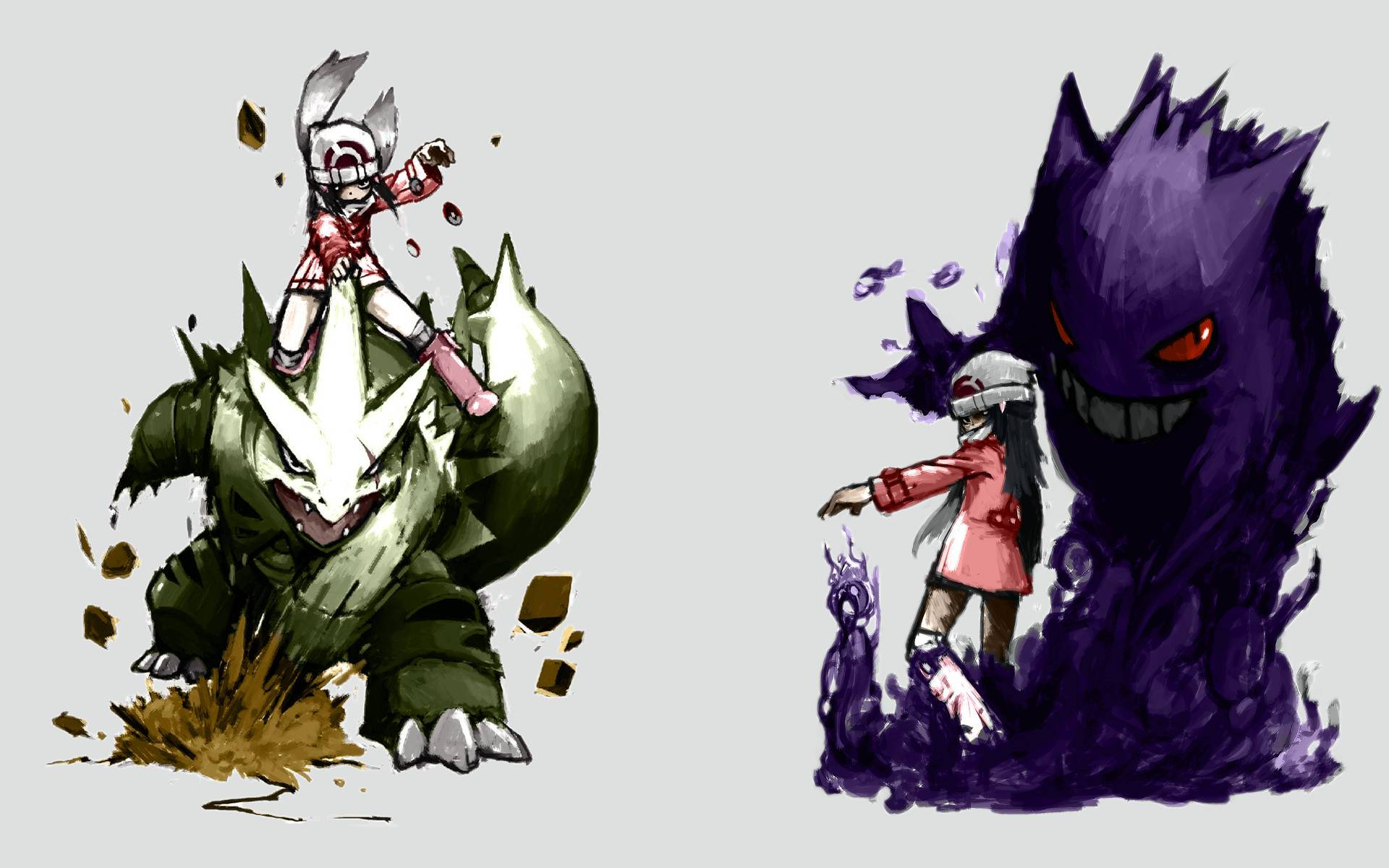 Gengar With Tyranitar And Trainers Background