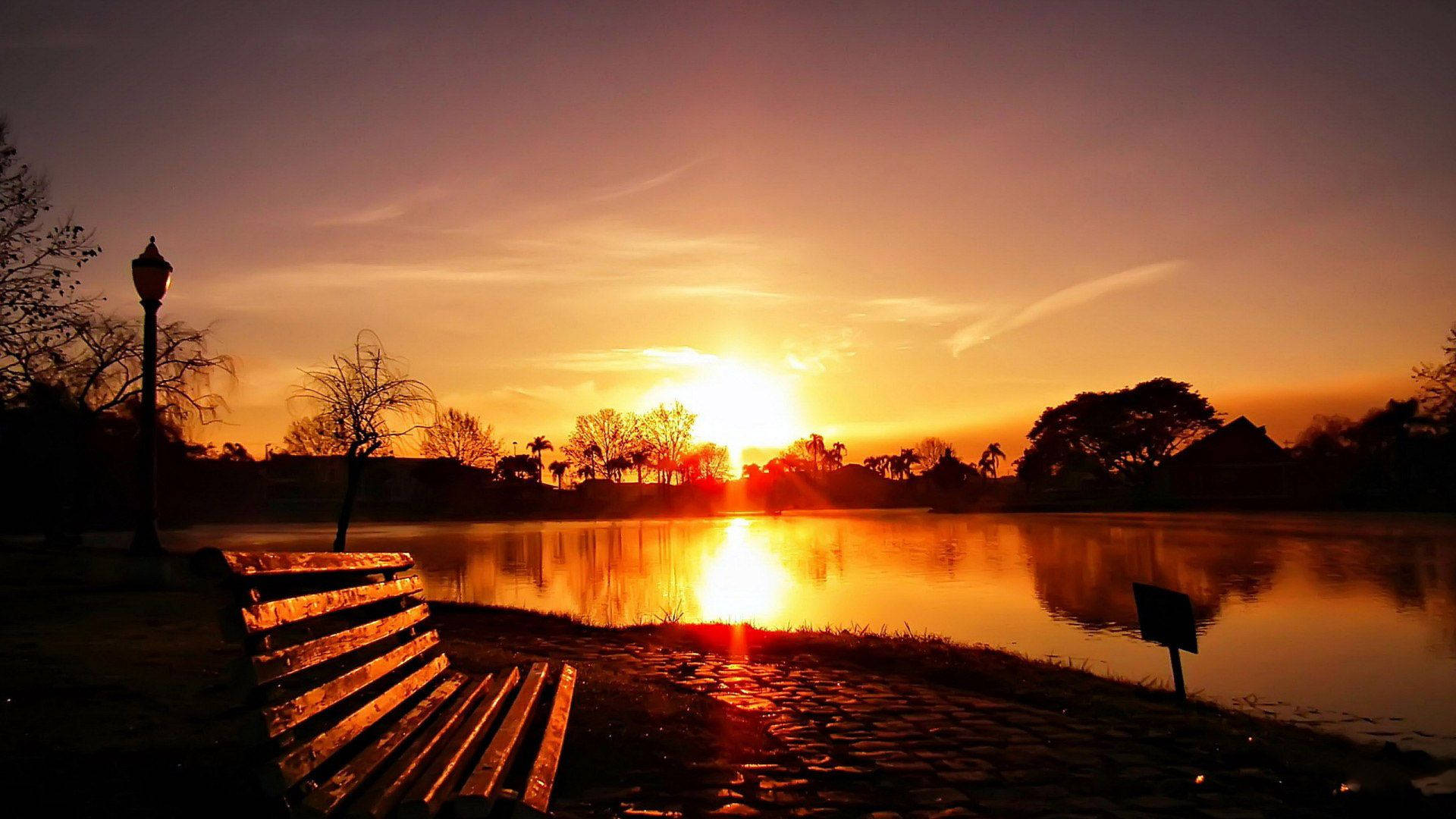 Golden Lake Bench Sunrise Background