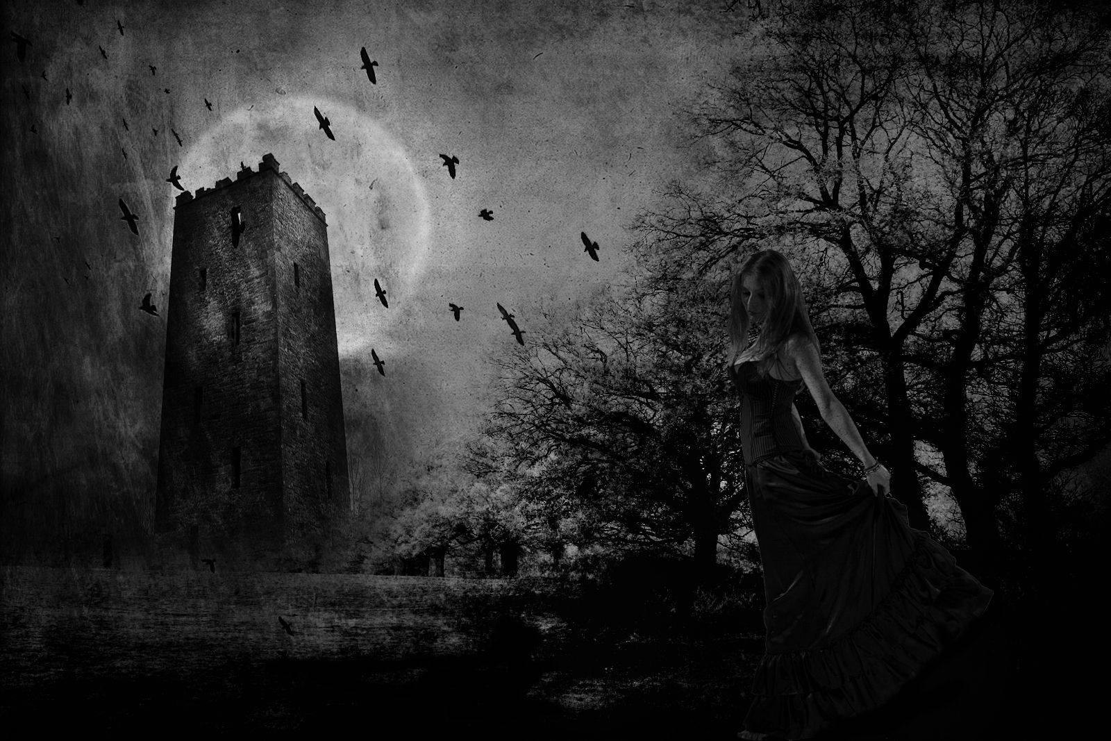 Gothic Girl And Tower In Dark Forest Background
