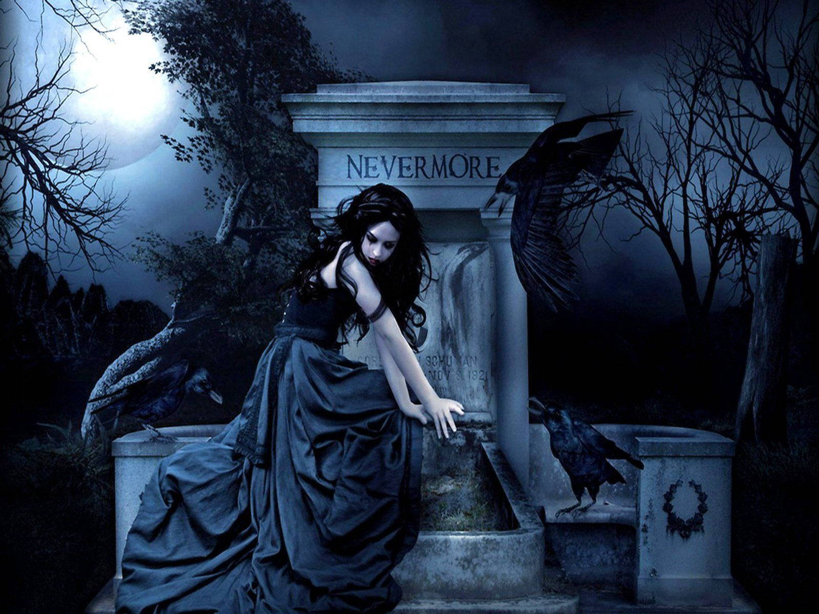 Gothic Girl At Nevermore Tomb Background
