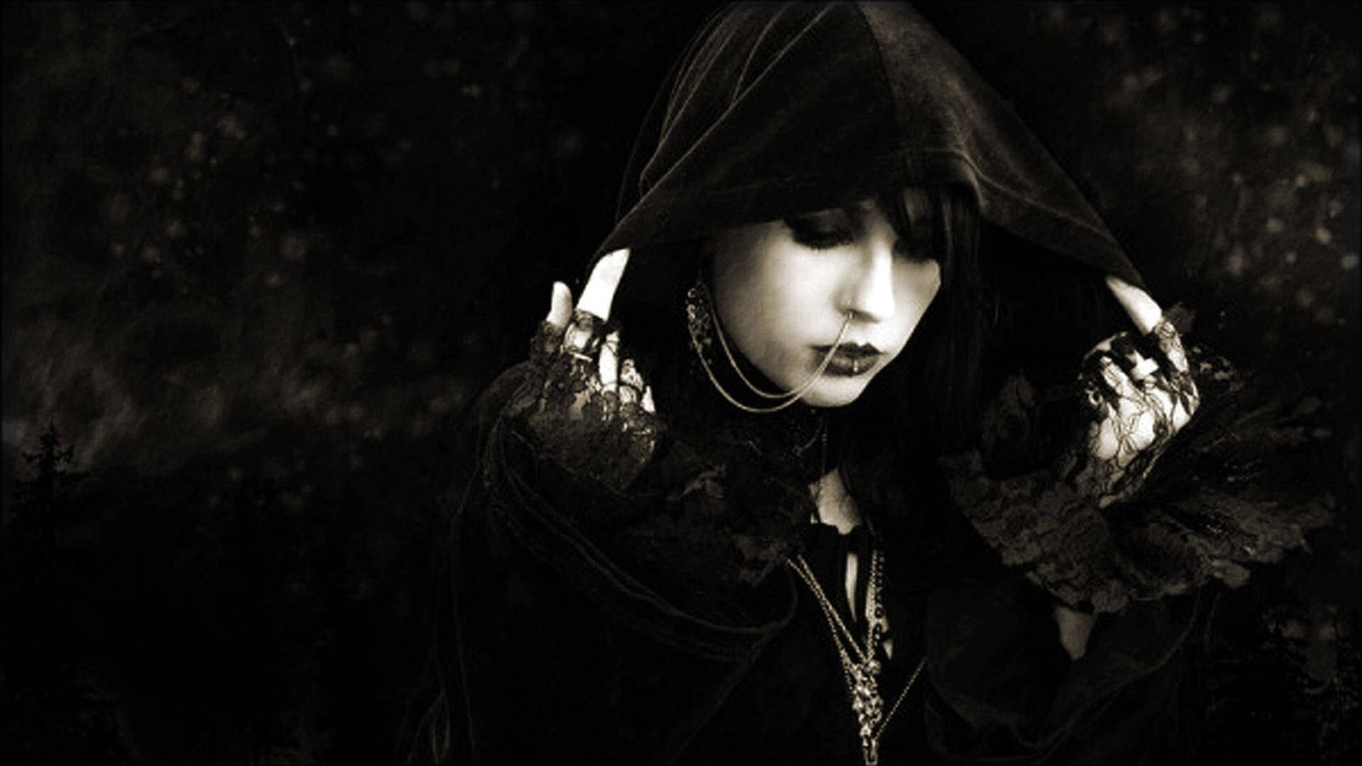 Gothic Girl In Black Cloak Background