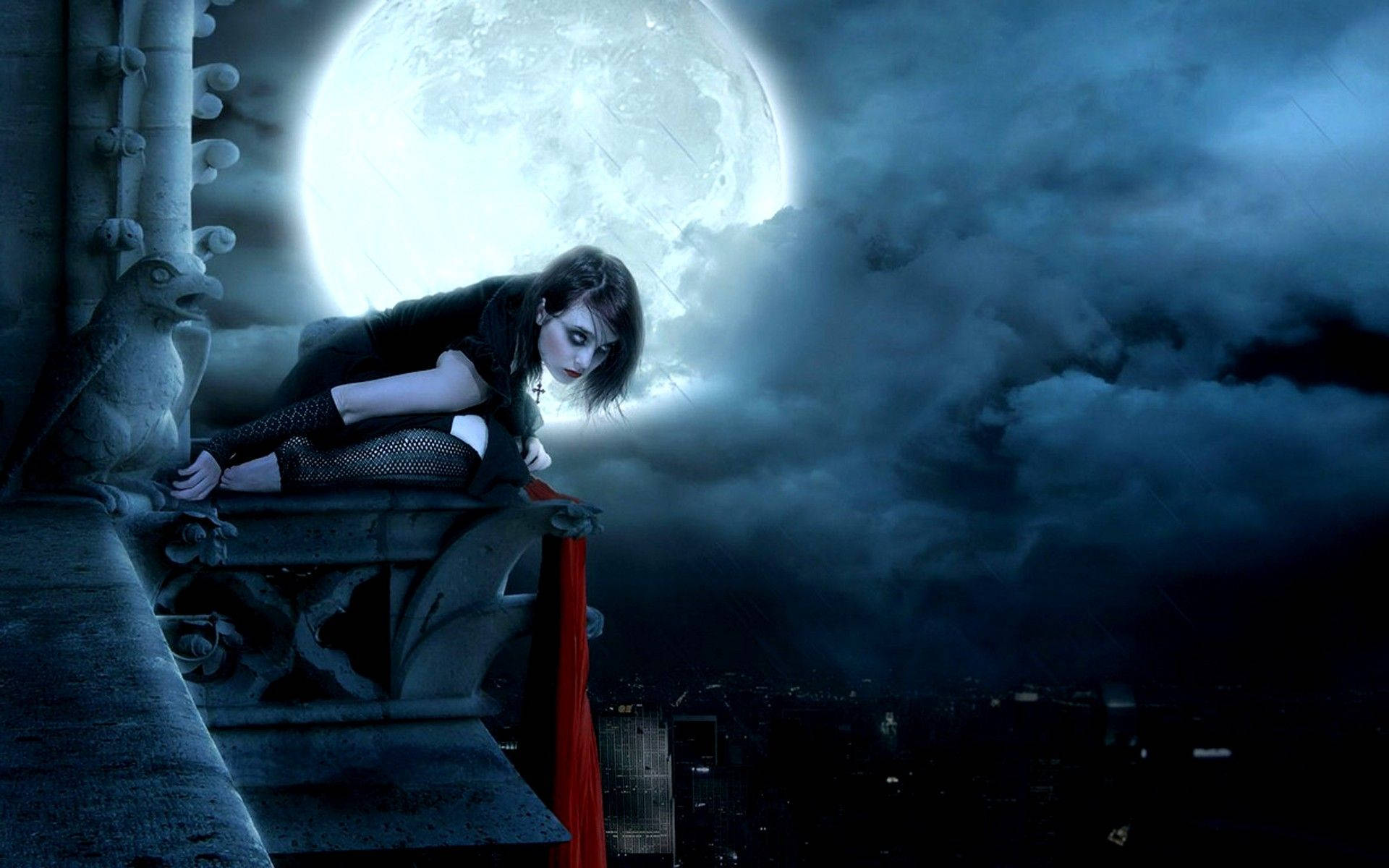 Gothic Girl On Cityscape Moon Background