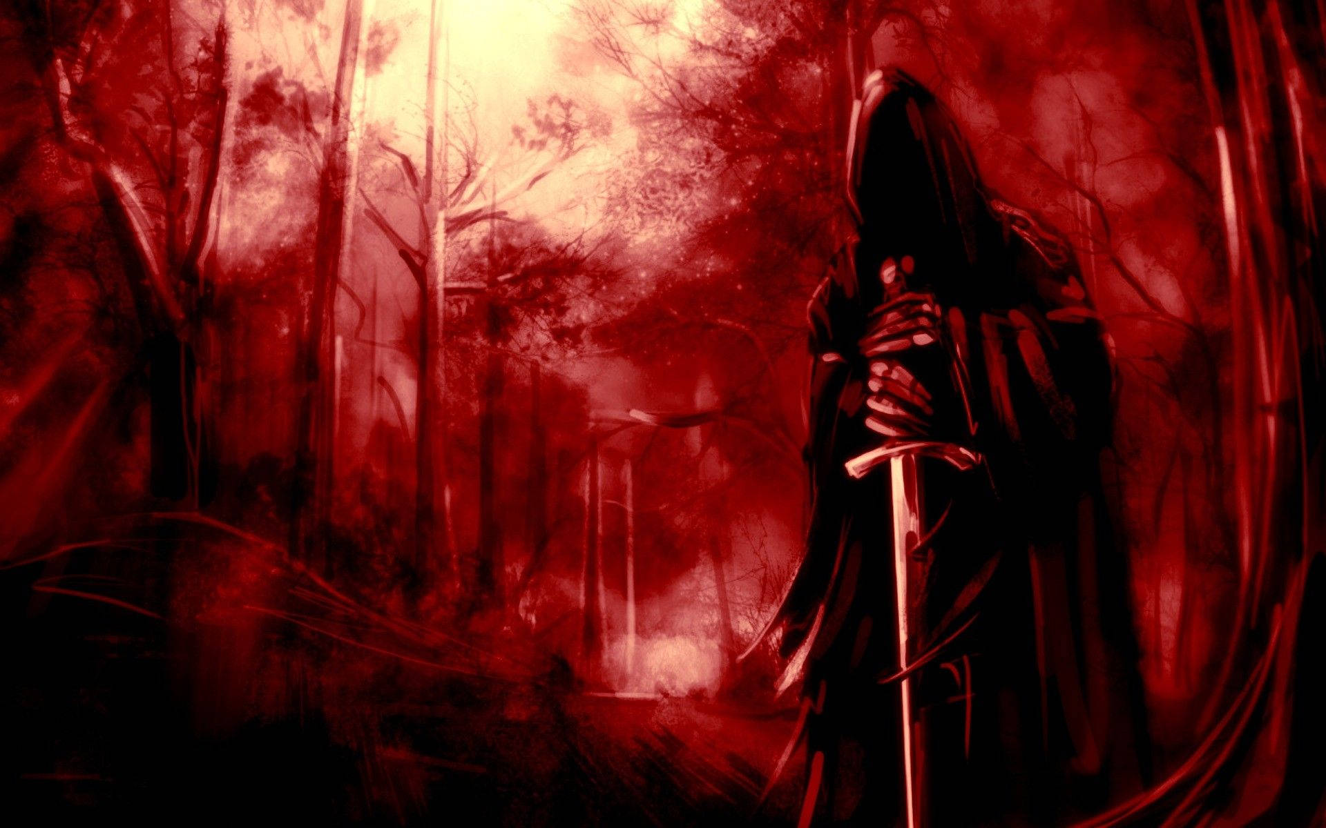 Grim Reaper In Red Forest Background