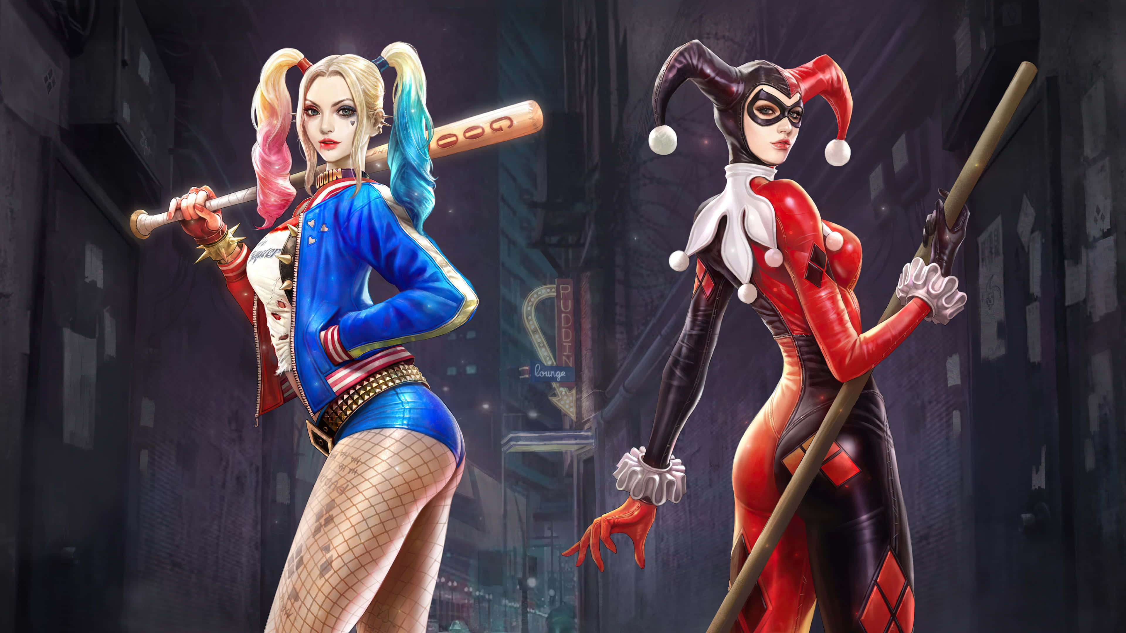 Download Harley Quinn Swinging Her Signature Baseball Bat Wallpaper