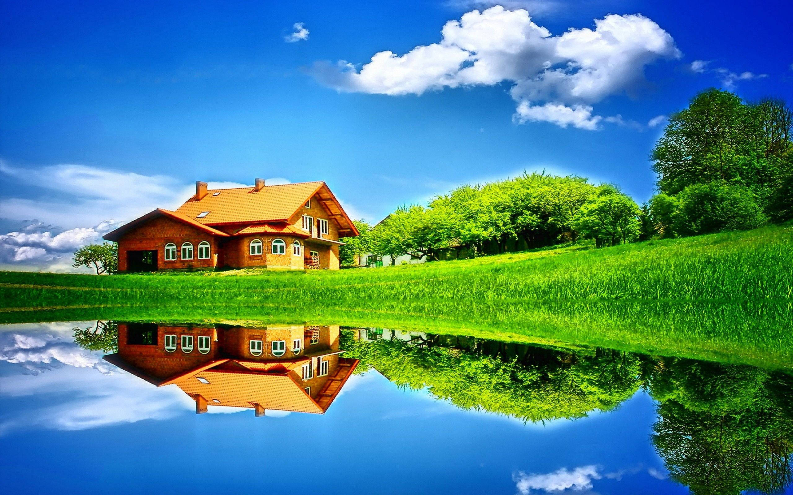 High Resolution Farmhouse By Lake Background